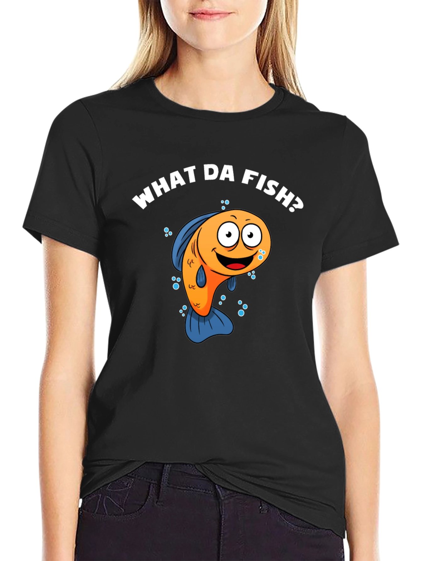 Black Funny What Da Fish? Cartoon Black T-Shirt view 2