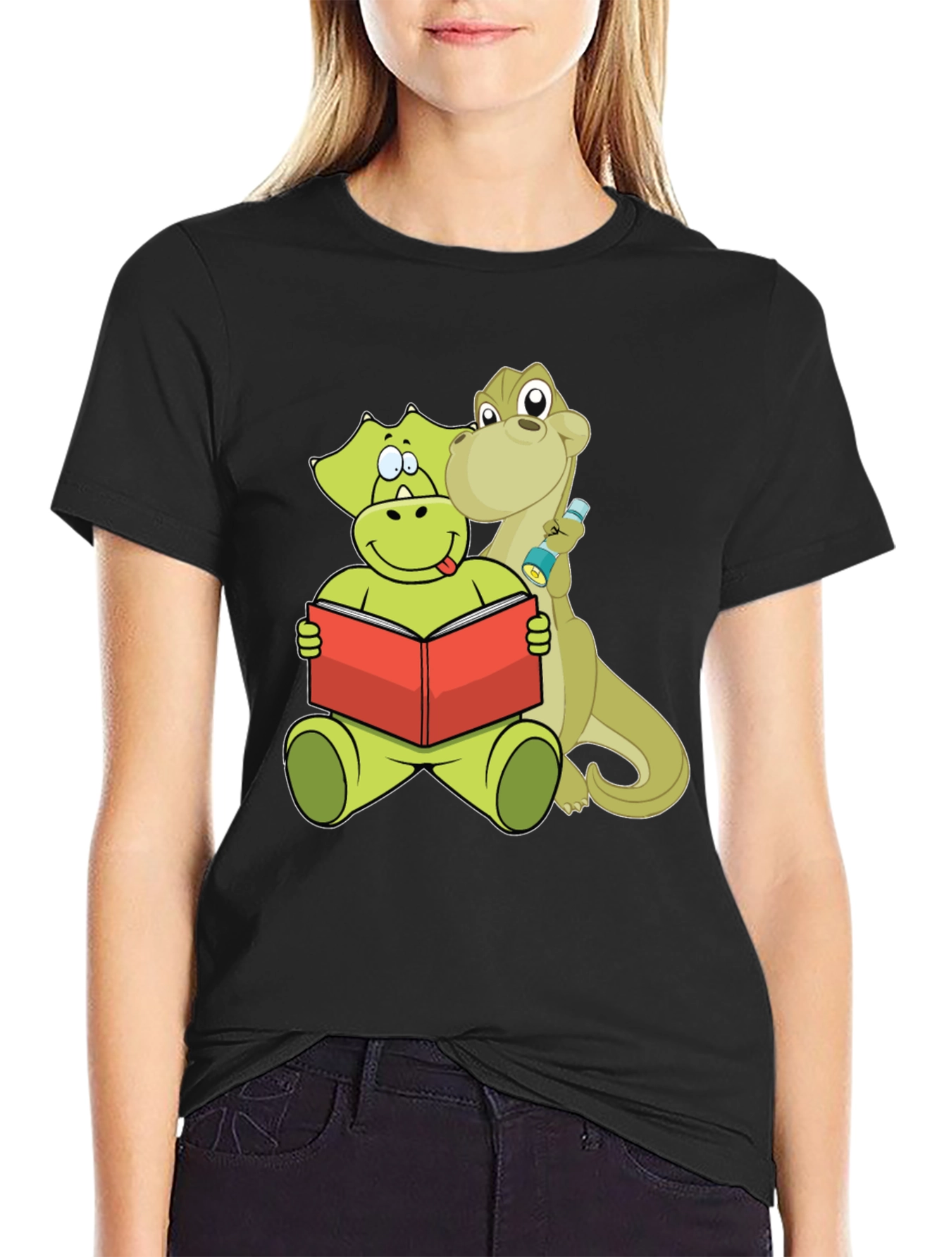 Black Dinosaur Reading Book Graphic Tee view 2