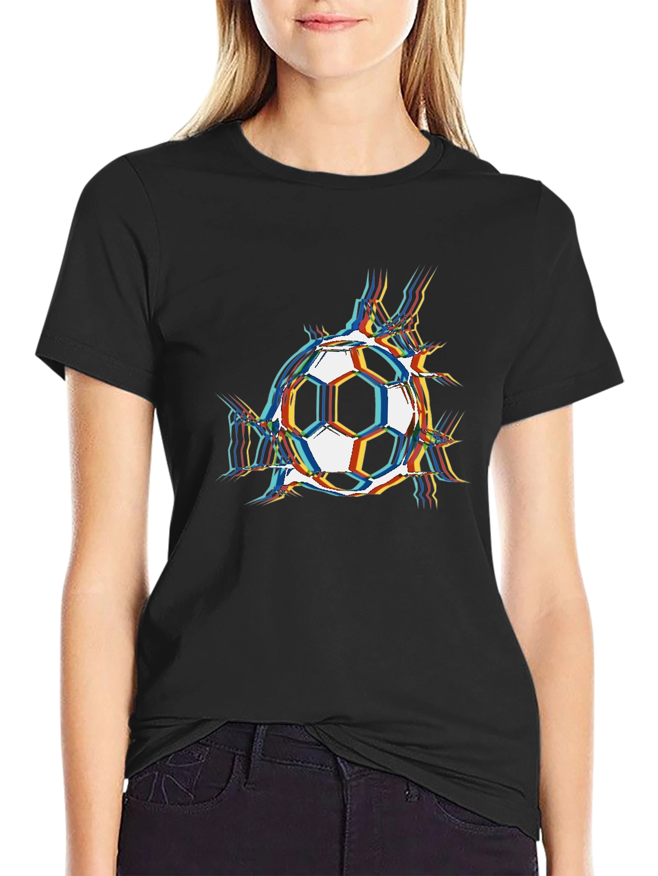Black Soccer Ball Glitch Graphic T-Shirt view 2
