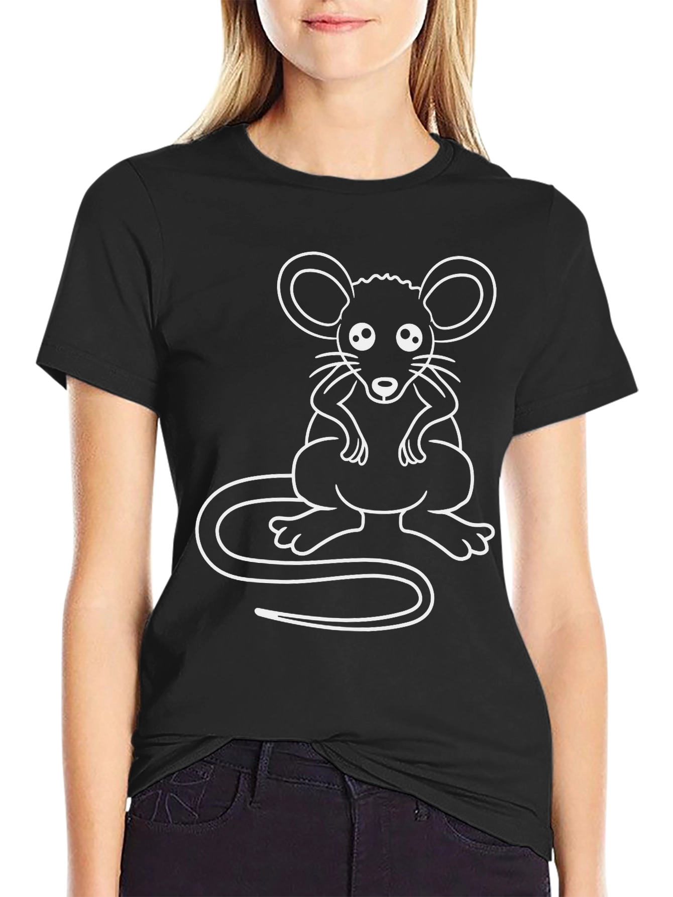 Black Cute Mouse Graphic T-Shirt - Black Cotton Blend view 2