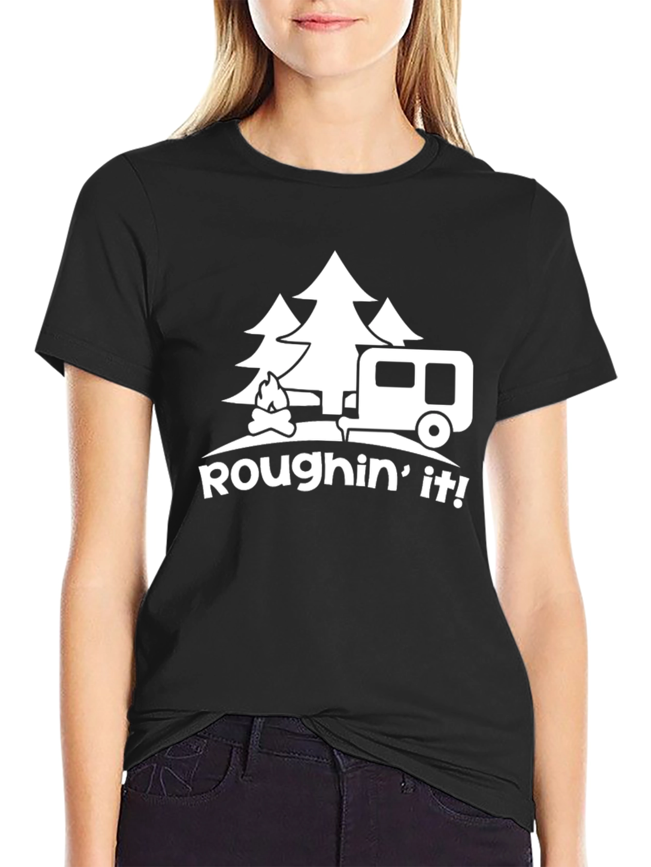 Black Roughin' It Camping T-Shirt - Outdoor Adventure Tee view 2