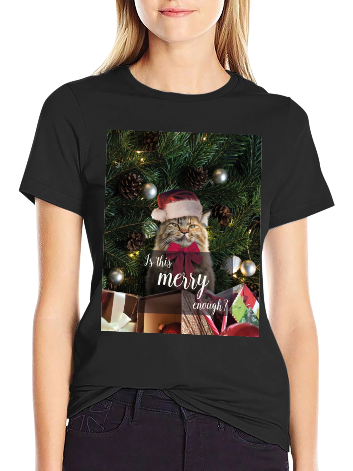 Black Merry Cat Christmas T-Shirt - Holiday Humor view 2