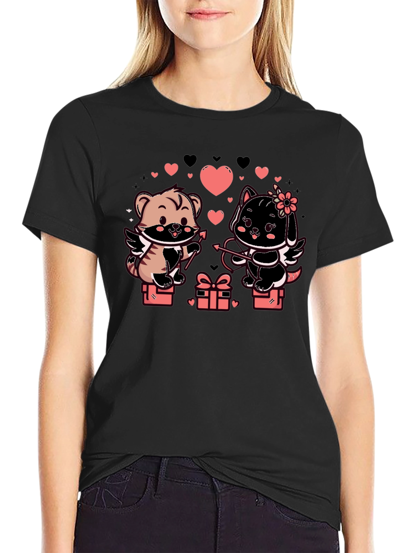 Black Cute Valentine's Day Cats Cupid T-Shirt view 2