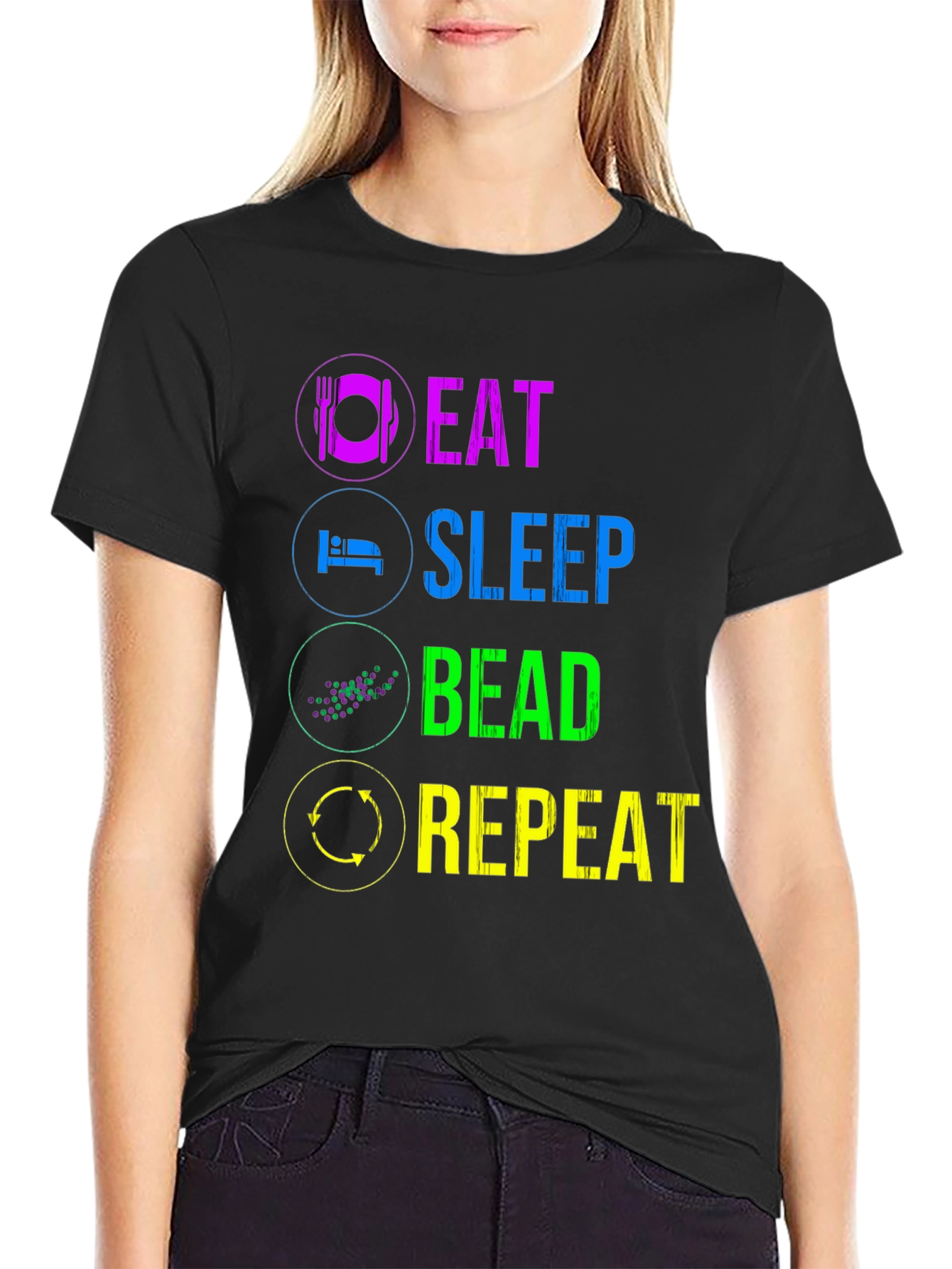 Black Eat Sleep Bead Repeat T-Shirt - Funny Hobby Tee view 2