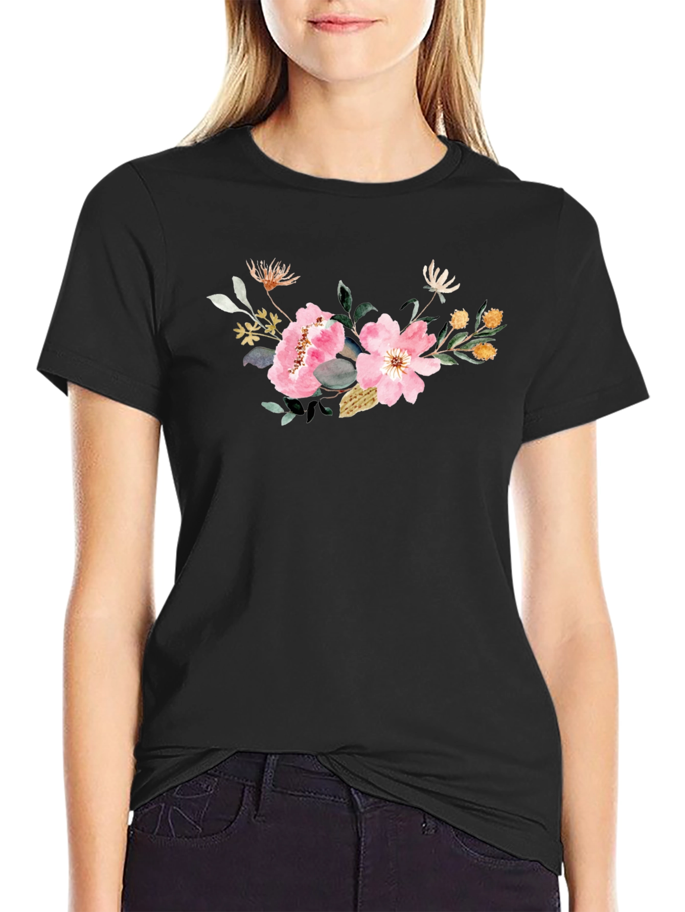 Black Floral Print Black T-Shirt view 2