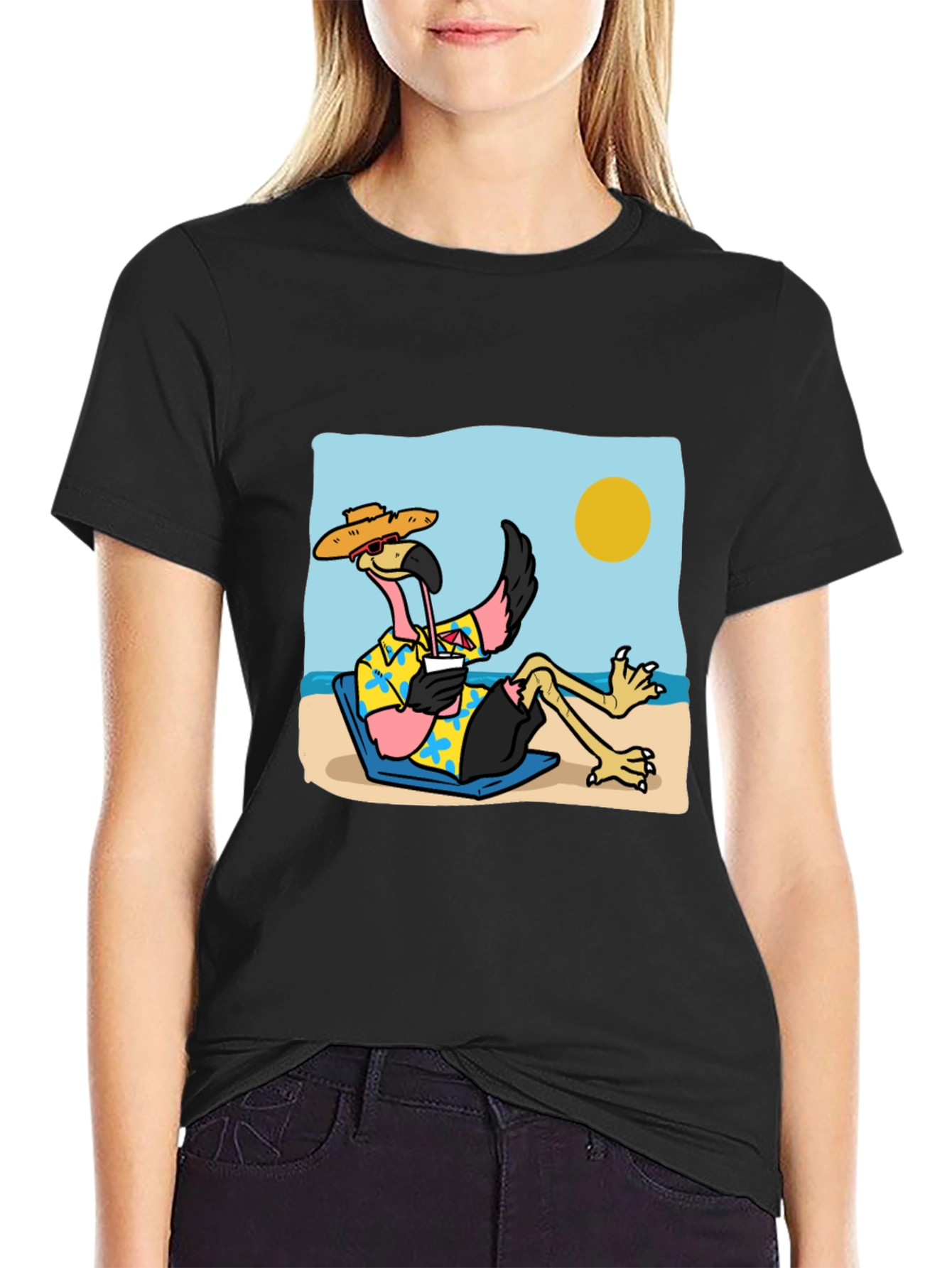 Black Relaxed Flamingo Beach T-Shirt - Tropical Vibe view 2