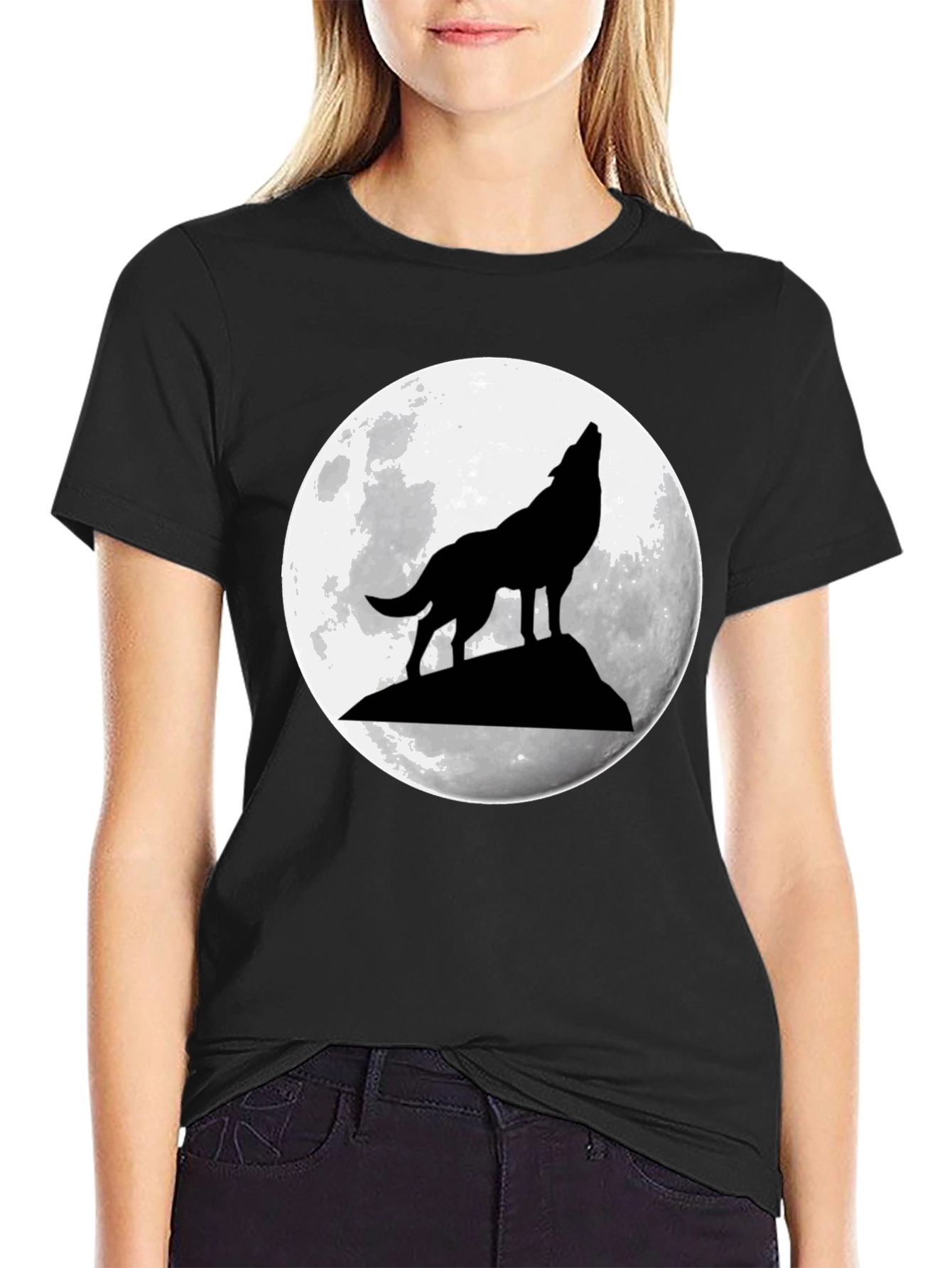 Black Wolf Moon Graphic Tee - Black Cotton T-Shirt view 2