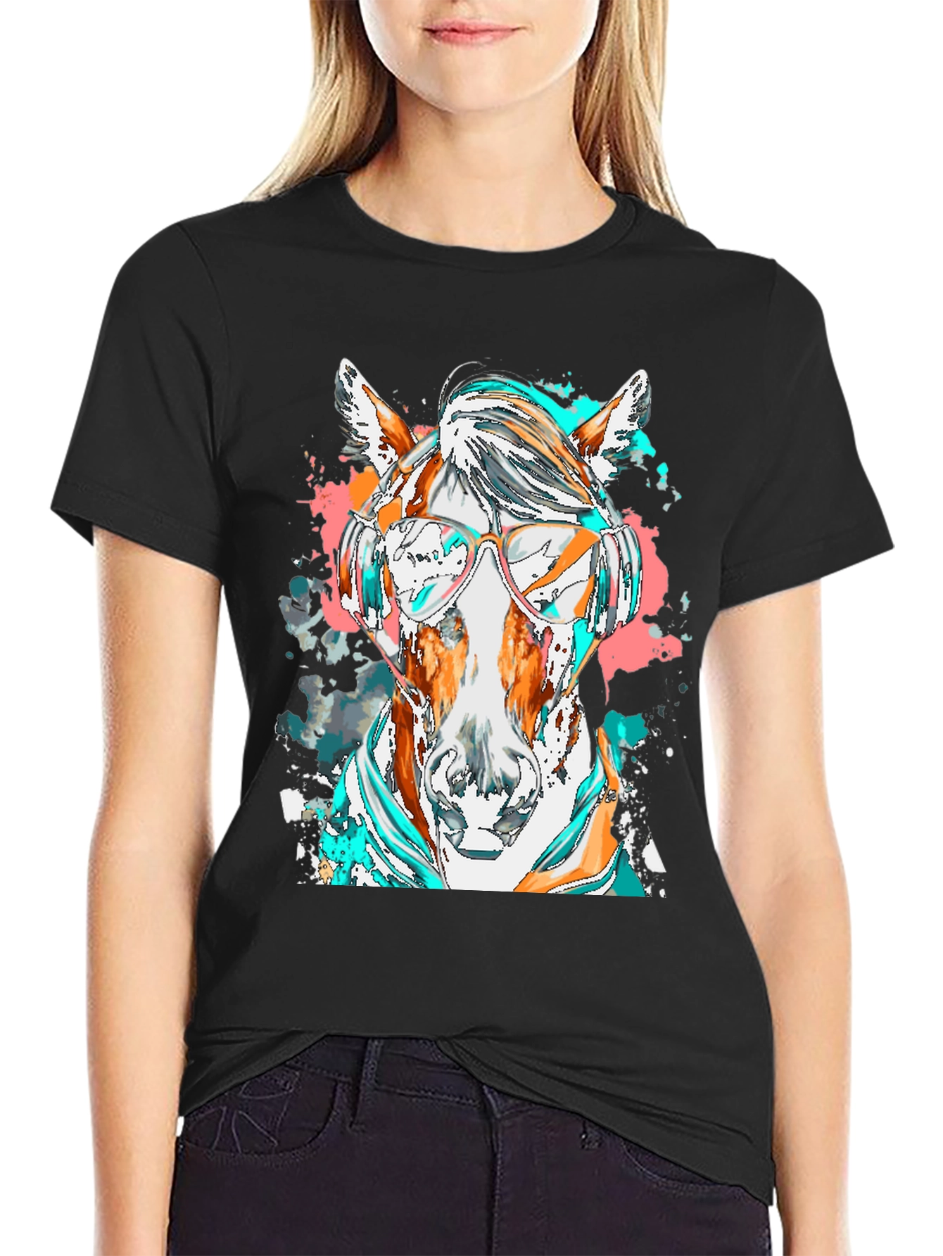 Black Horse with Headphones Graphic Tee view 2