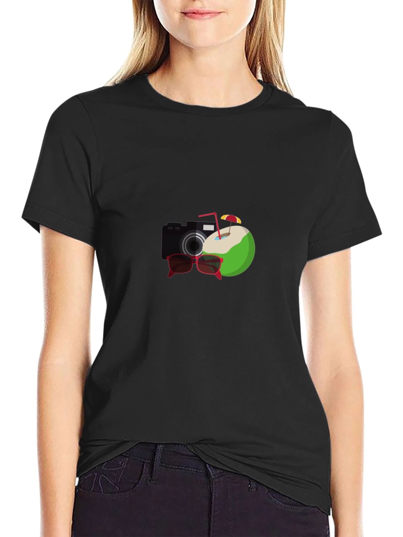 Black Summer Vibes Black T-Shirt: Camera, Coconut, Sunglasses Graphic view 2