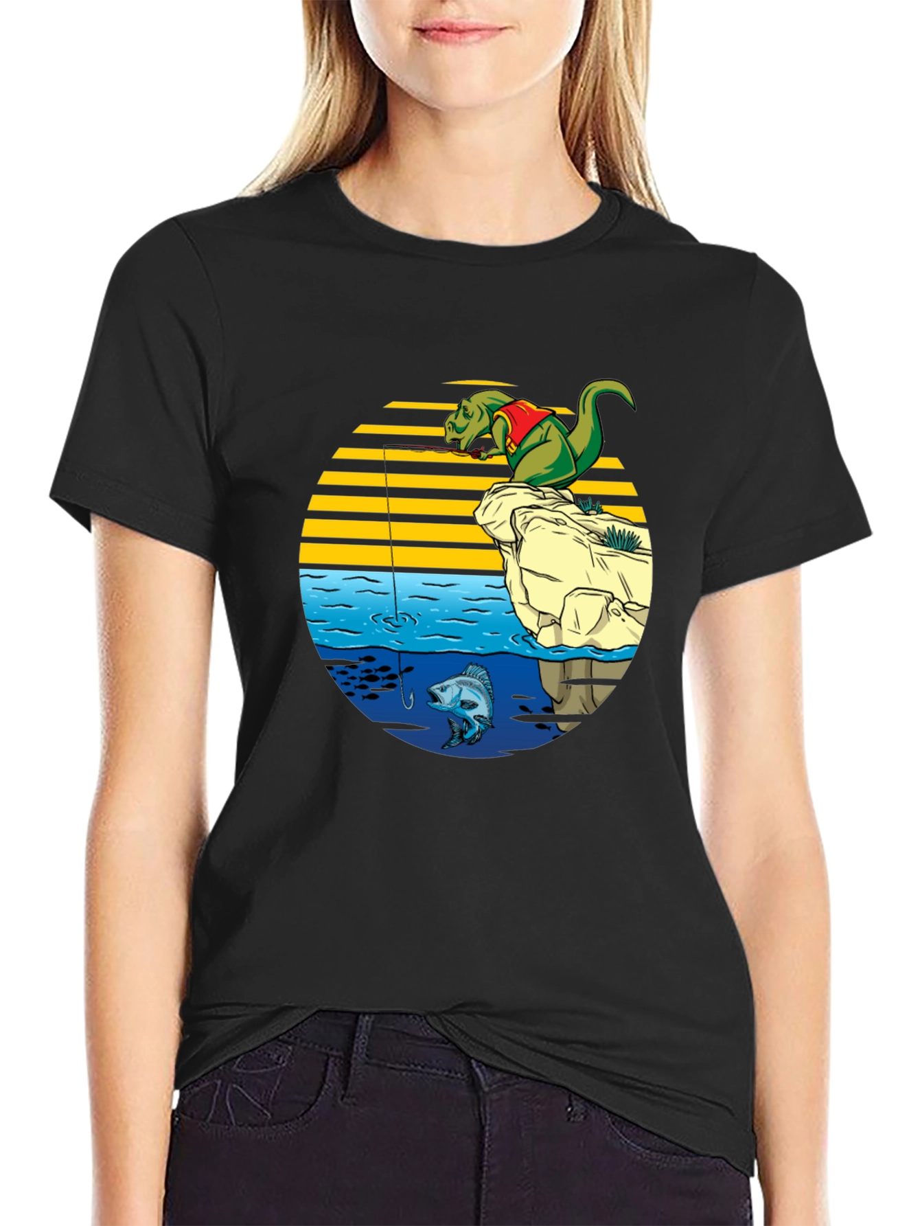 Black Dino Fishing Graphic T-Shirt - Fun Novelty Tee view 2