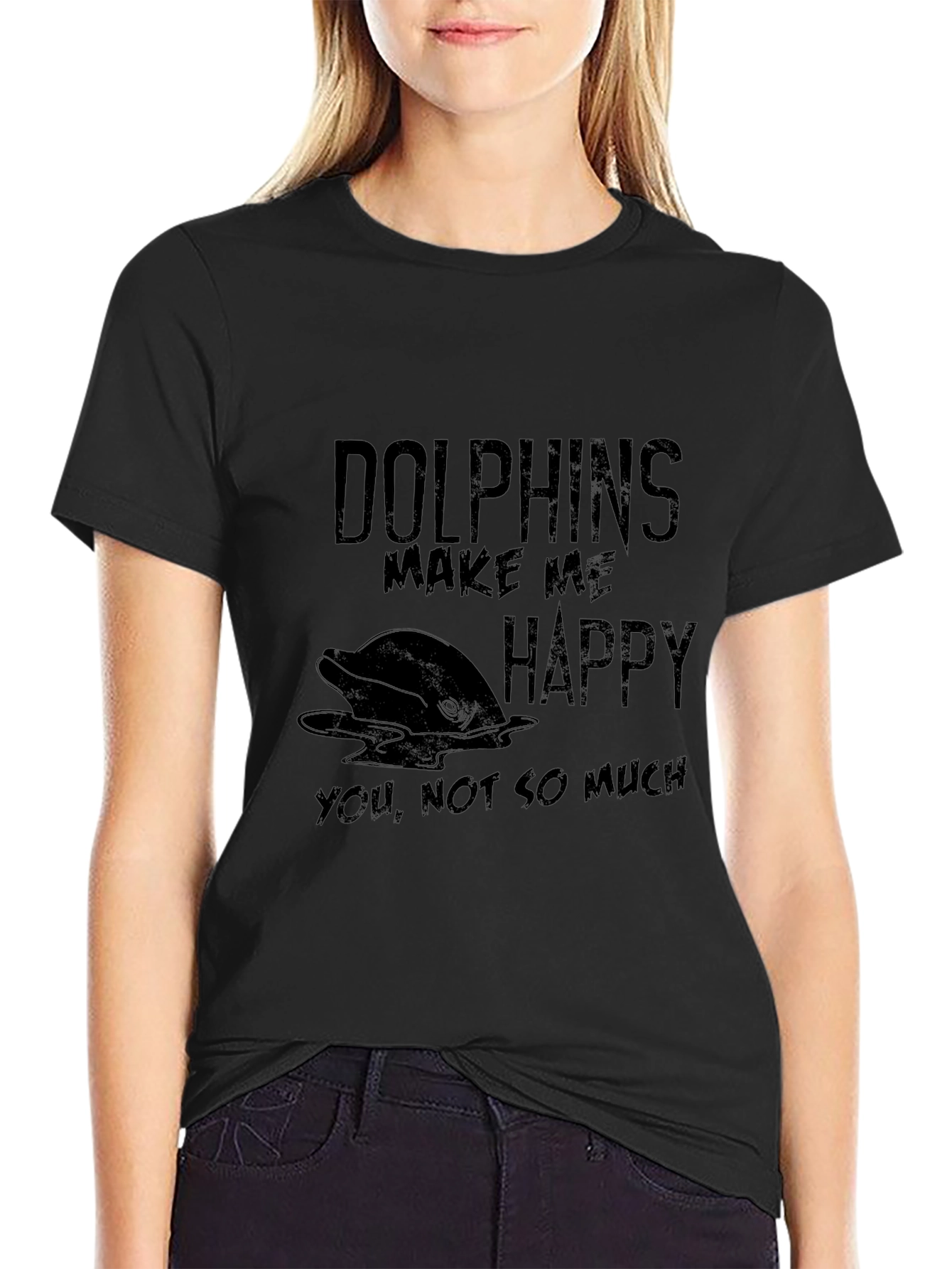 Black Dolphin Lover Black T-Shirt - Makes Me Happy view 2