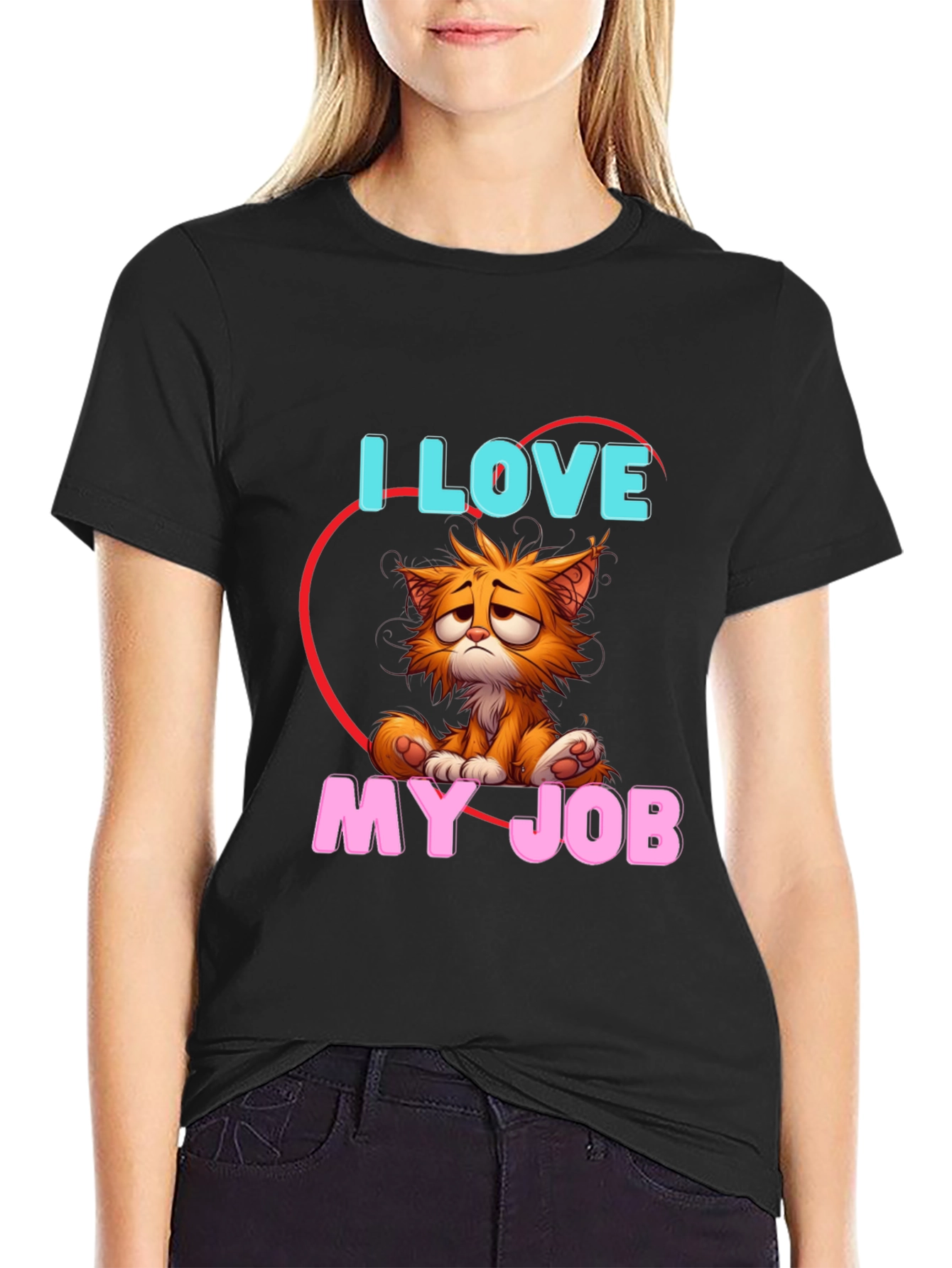 Black I Love My Job Cat T-Shirt - Unique Graphic Tee view 2