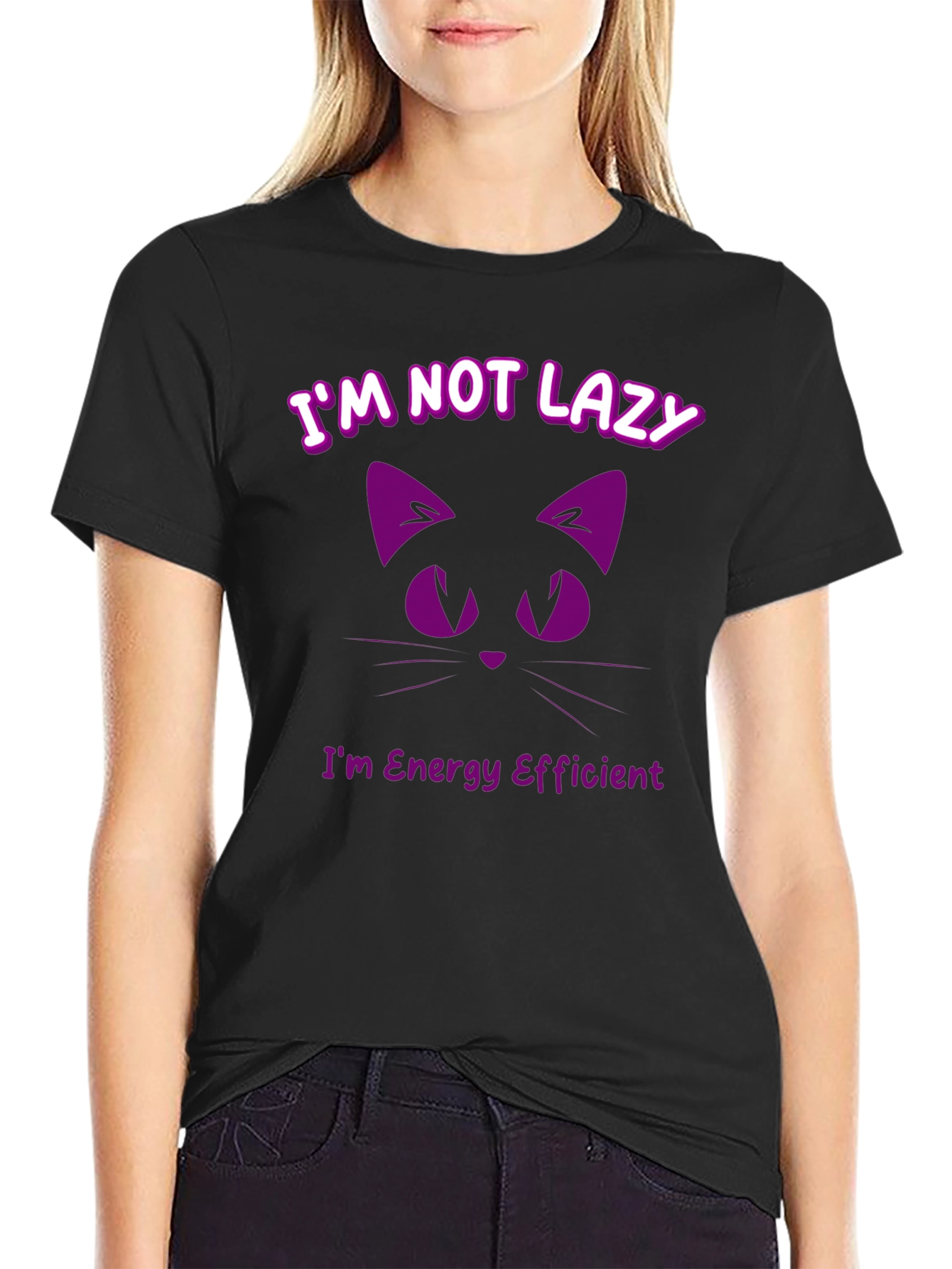 Black Funny Cat T-Shirt - I'm Not Lazy, Energy Efficient view 2