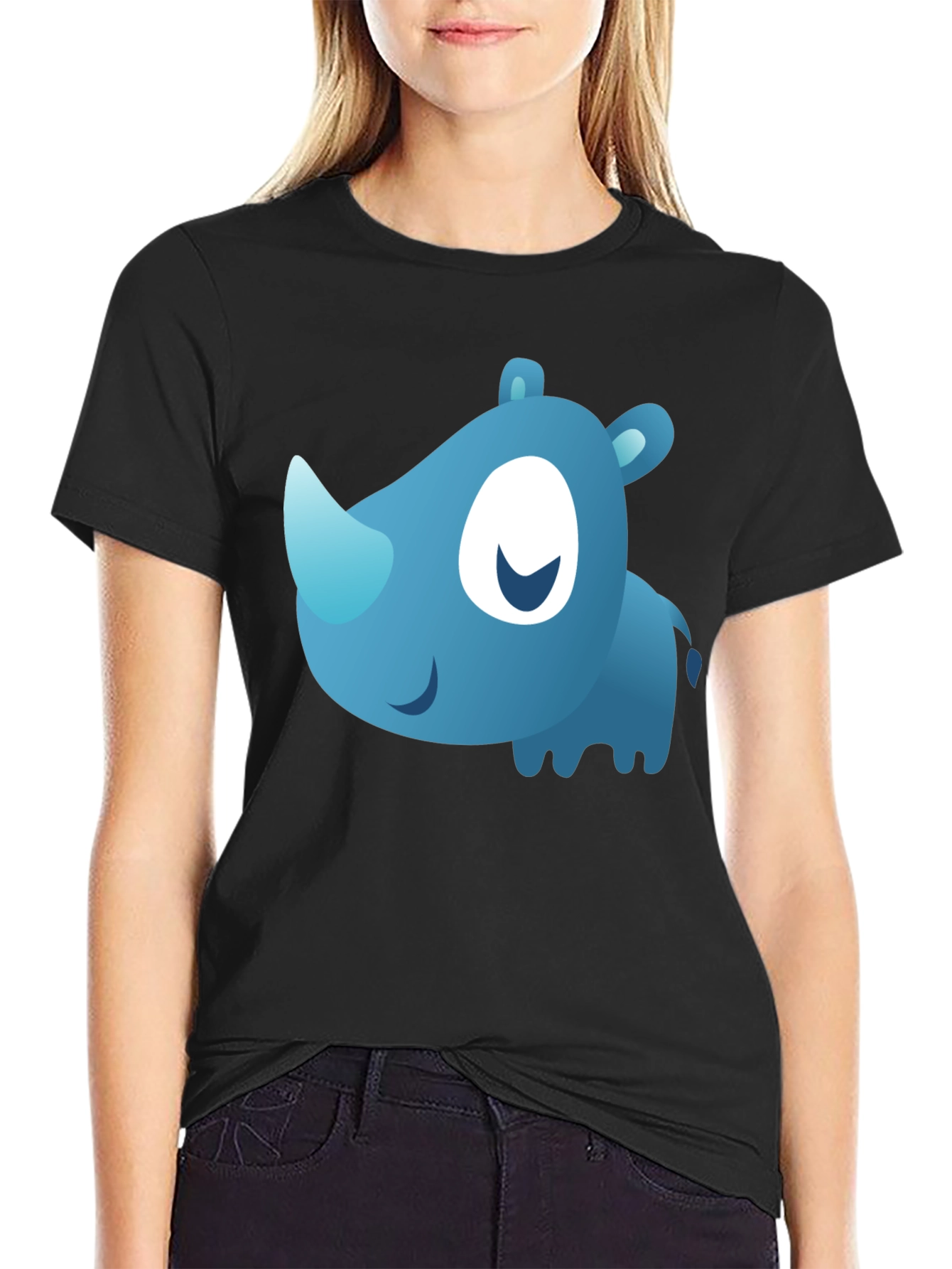 Black Cute Blue Cartoon Rhino Black T-Shirt view 2