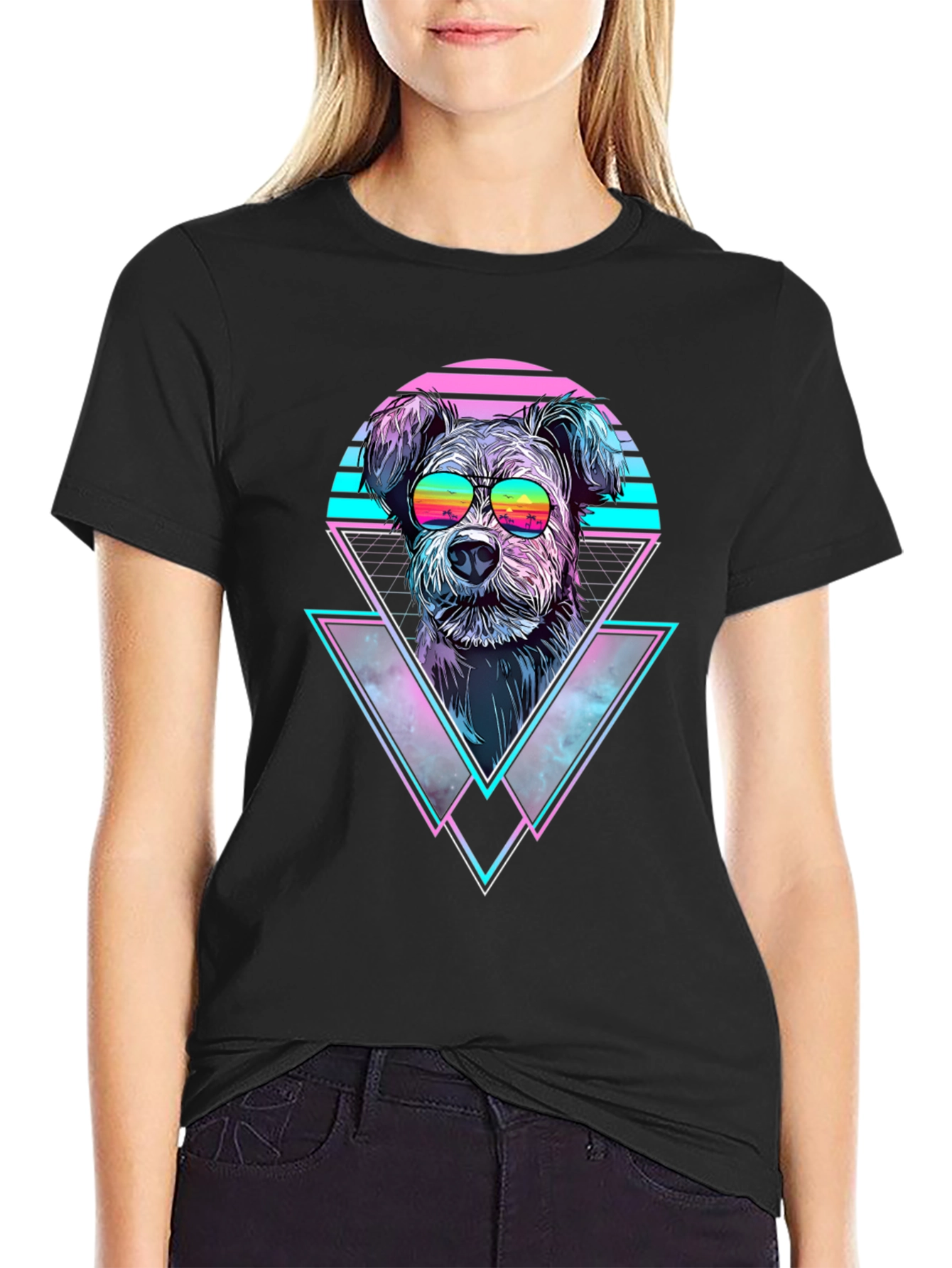 Black Retro Dog T-Shirt - Synthwave Vibes view 2