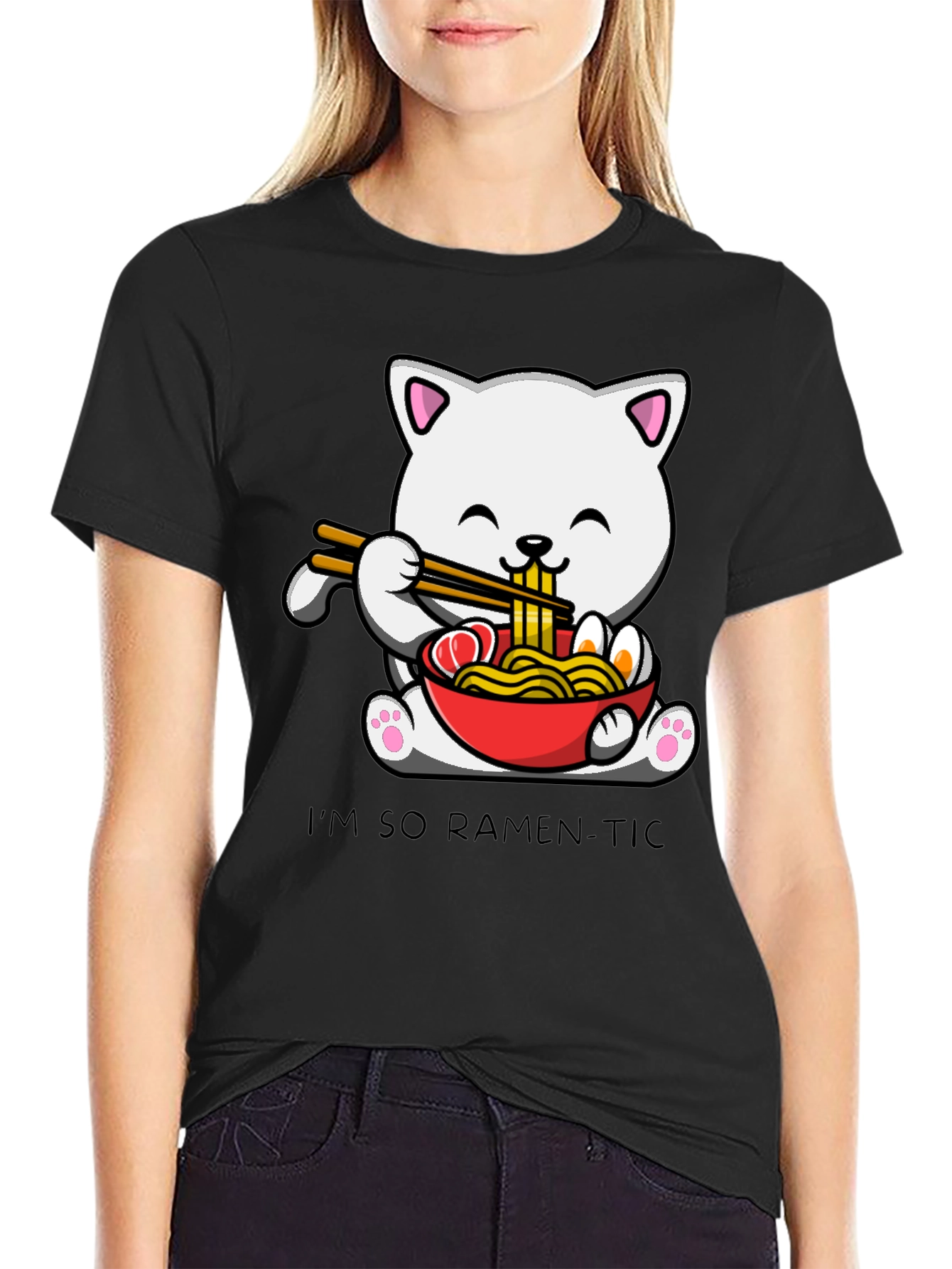 Black Ramen Cat T-Shirt - "I'm So Ramen-Tic" Graphic Tee view 2