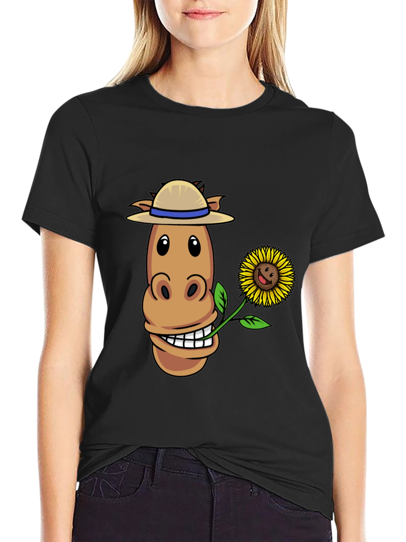 Black Funny Horse & Sunflower Graphic Tee view 2