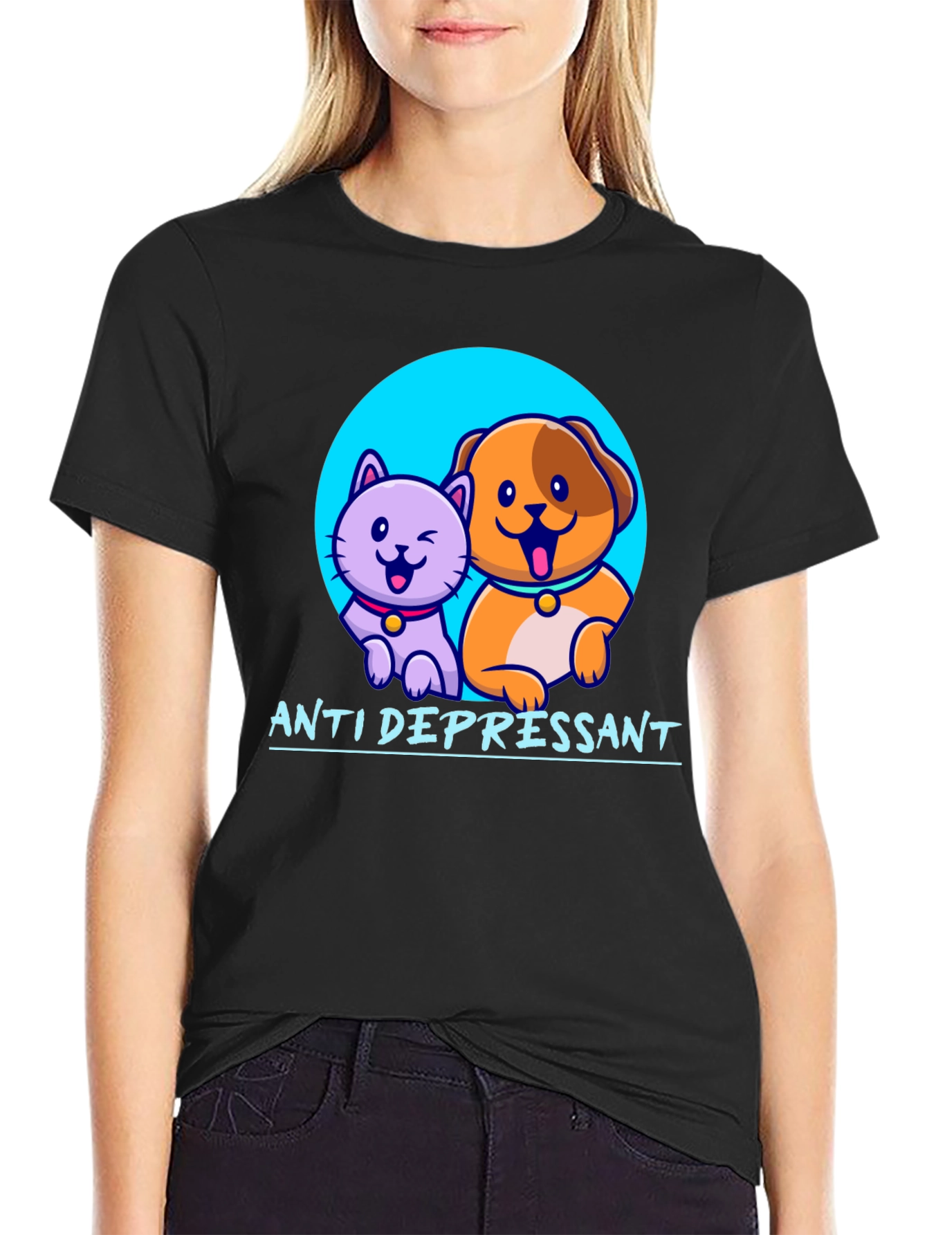 Black Anti Depressant Cat and Dog Graphic T-Shirt view 2