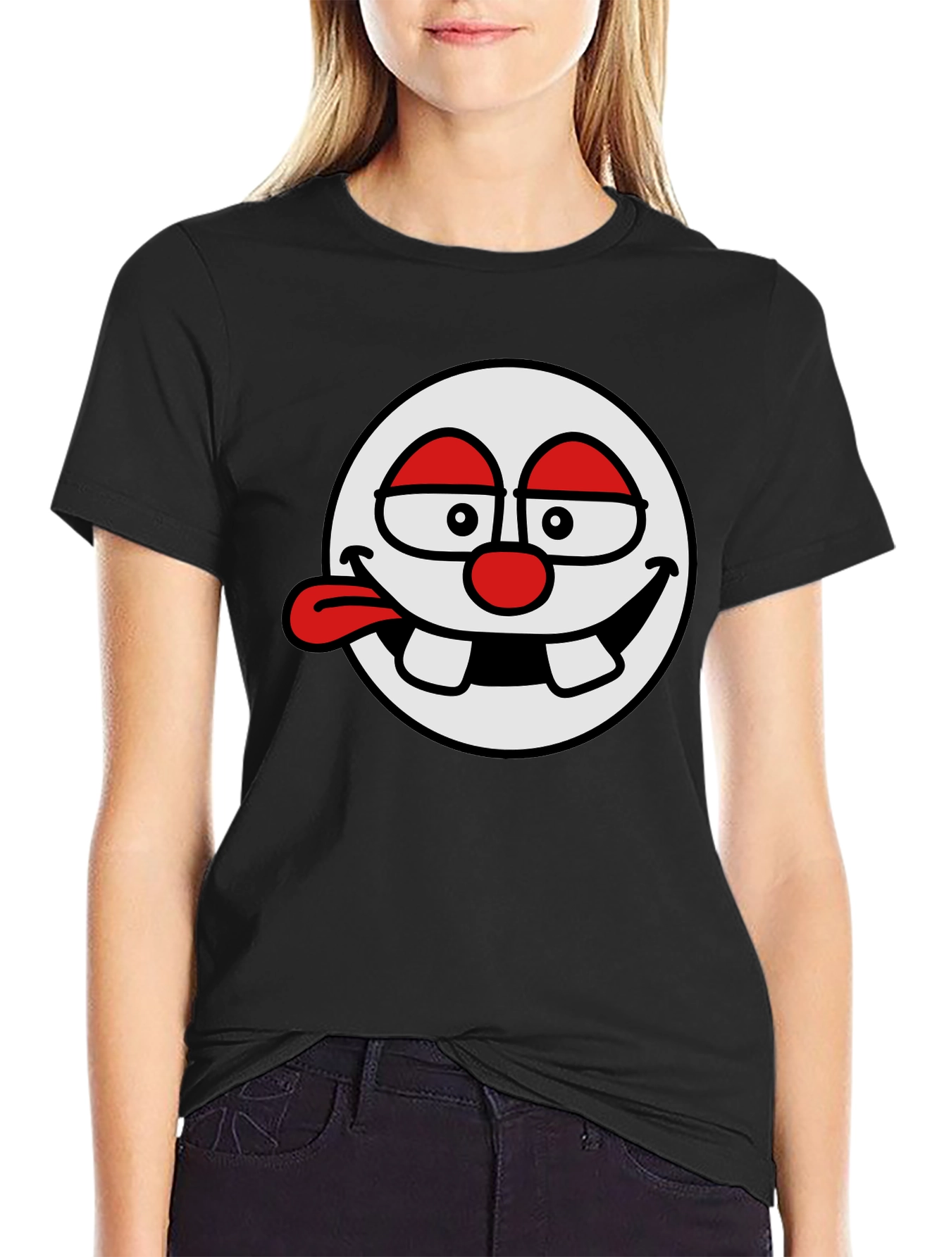 Black Funny Cartoon Face Black T-Shirt view 2