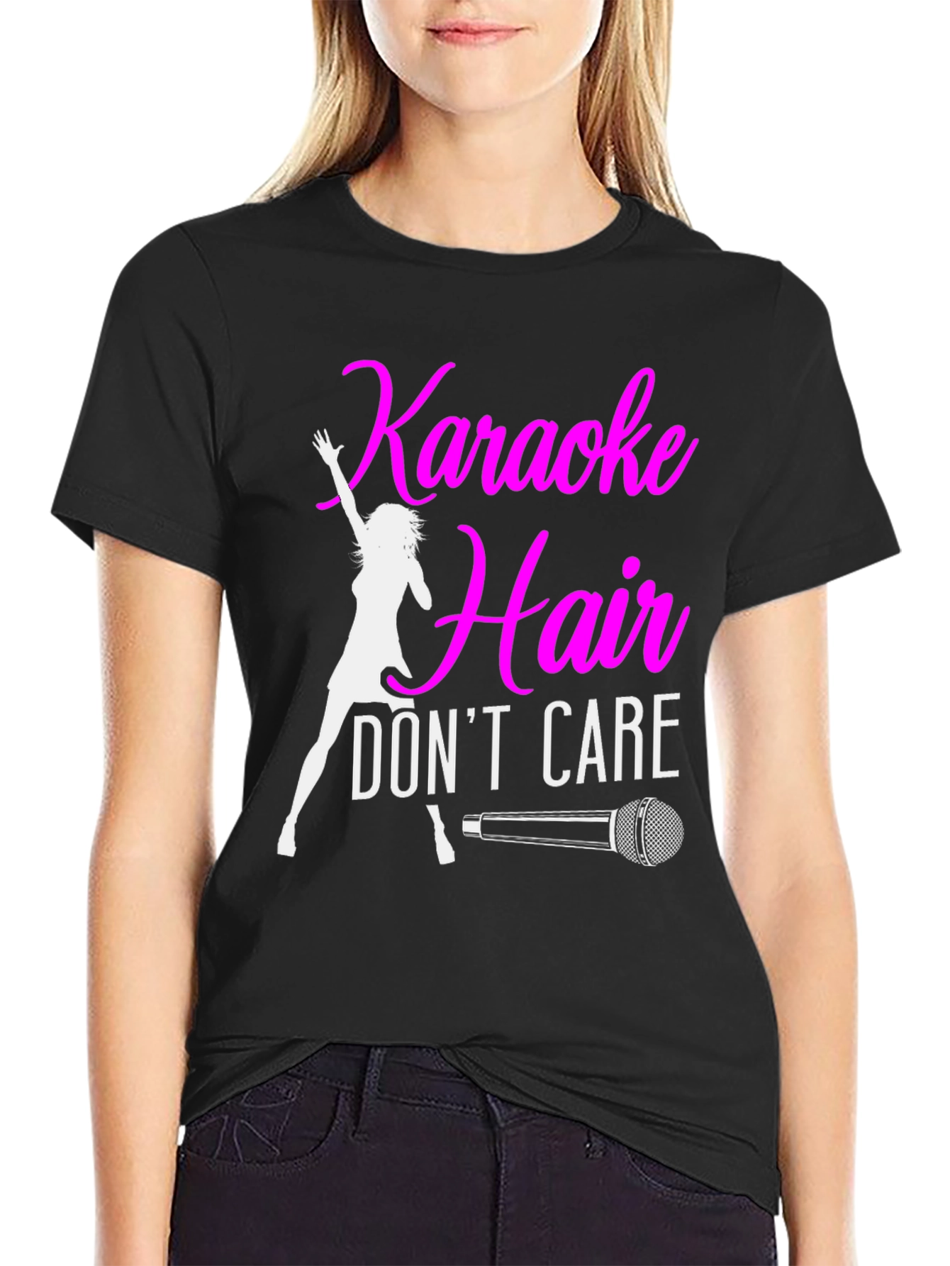 Black Karaoke Hair Don't Care Black T-Shirt view 2