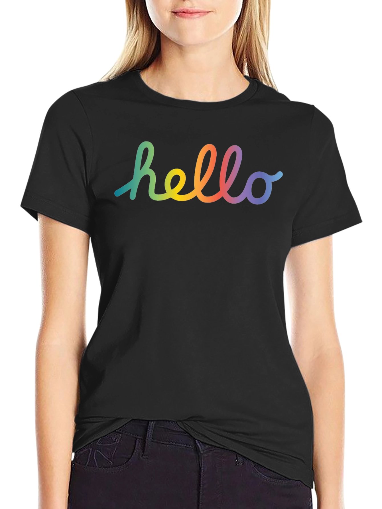 Black Rainbow Hello Graphic Black T-Shirt view 2