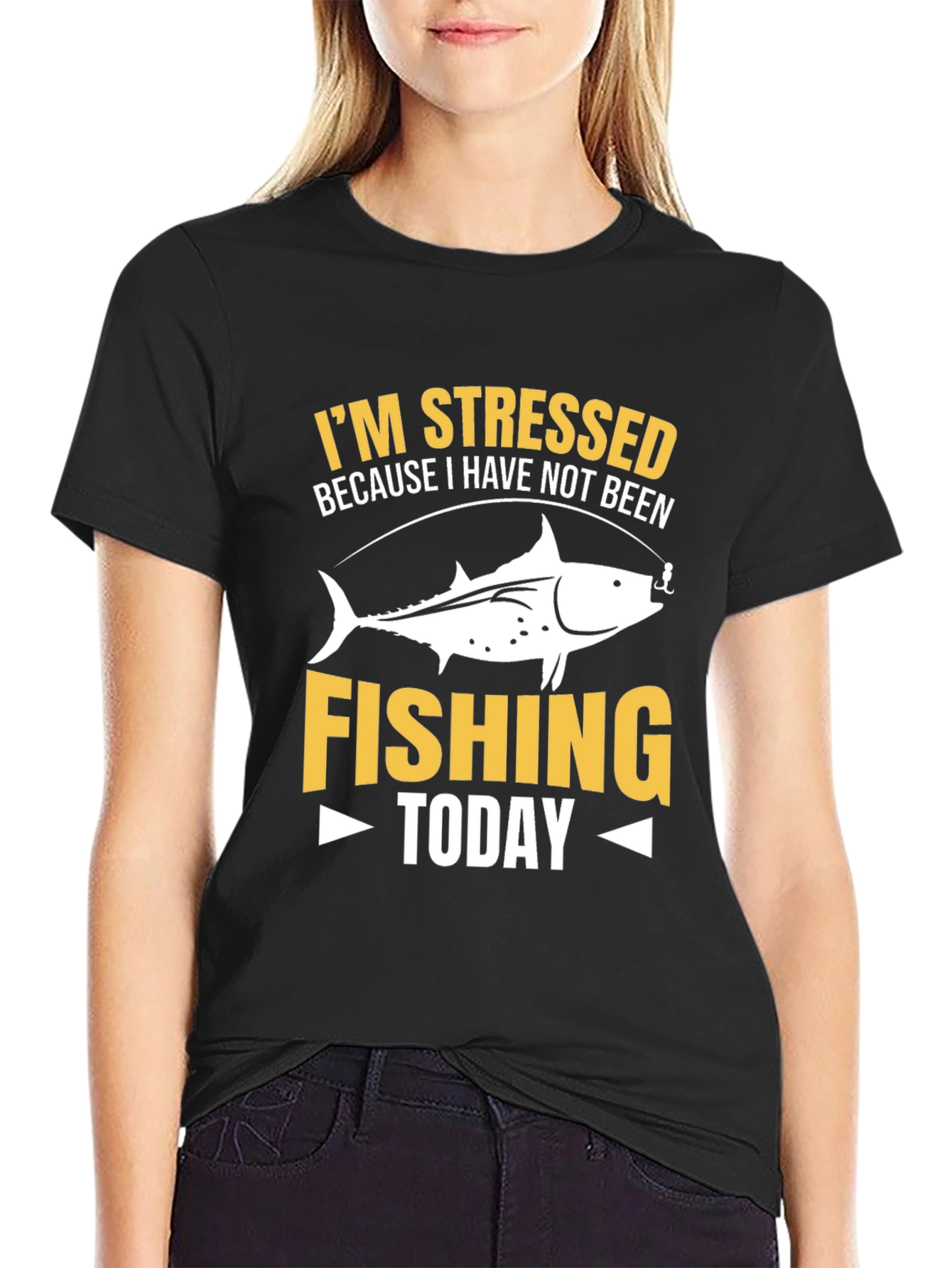 Black Stressed Because Fishing T-Shirt view 2