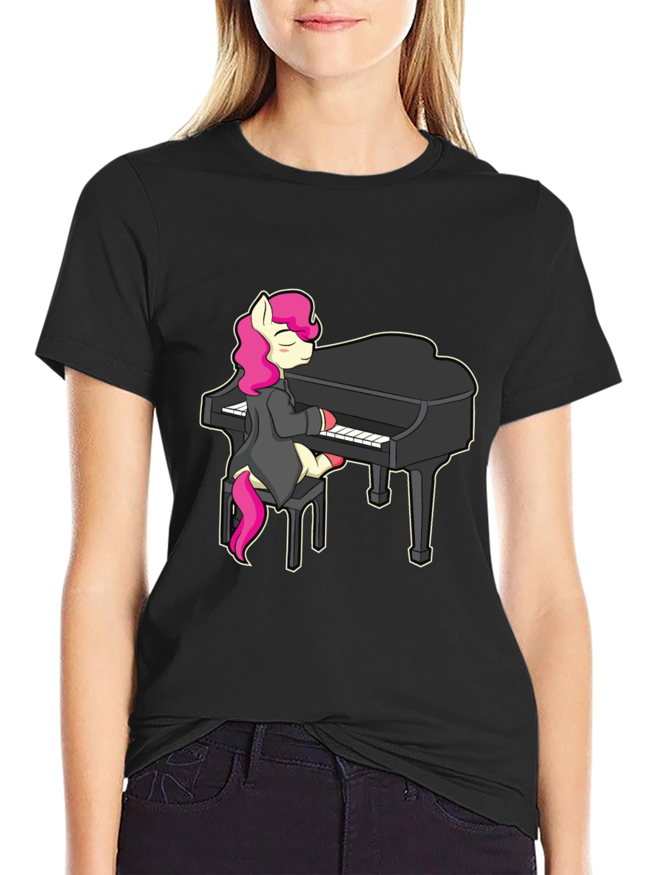 Black Pony Playing Piano T-Shirt - Cute Cartoon Design view 2