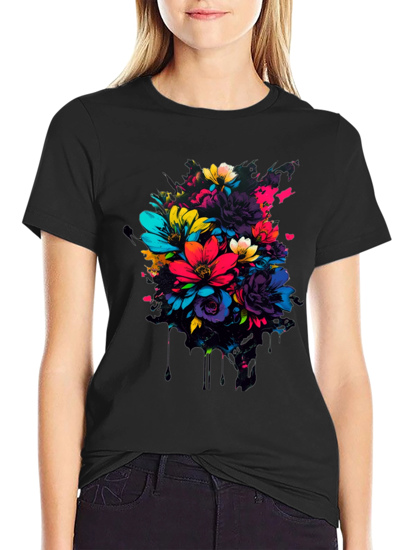 Black Floral Burst Graphic Tee - Vivid Colors view 2