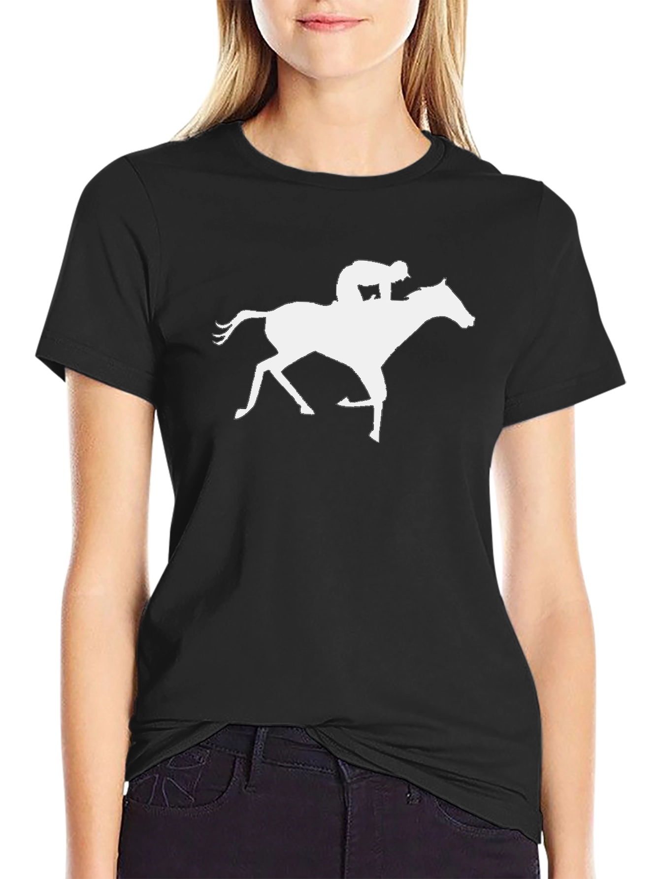 Black Horse Jockey Silhouette Black Cotton T-Shirt view 2