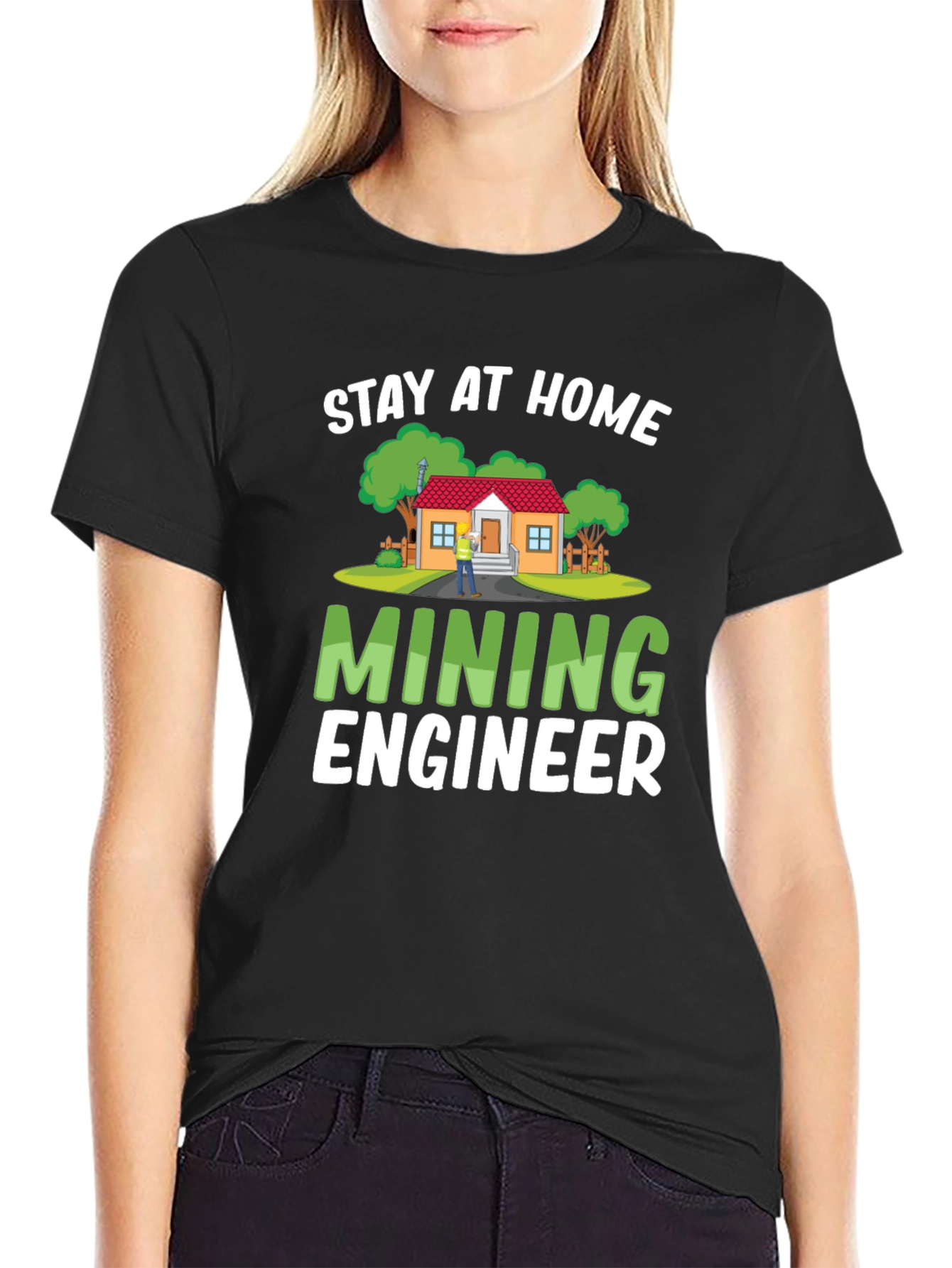 Black Stay At Home Mining Engineer Black T-Shirt view 2