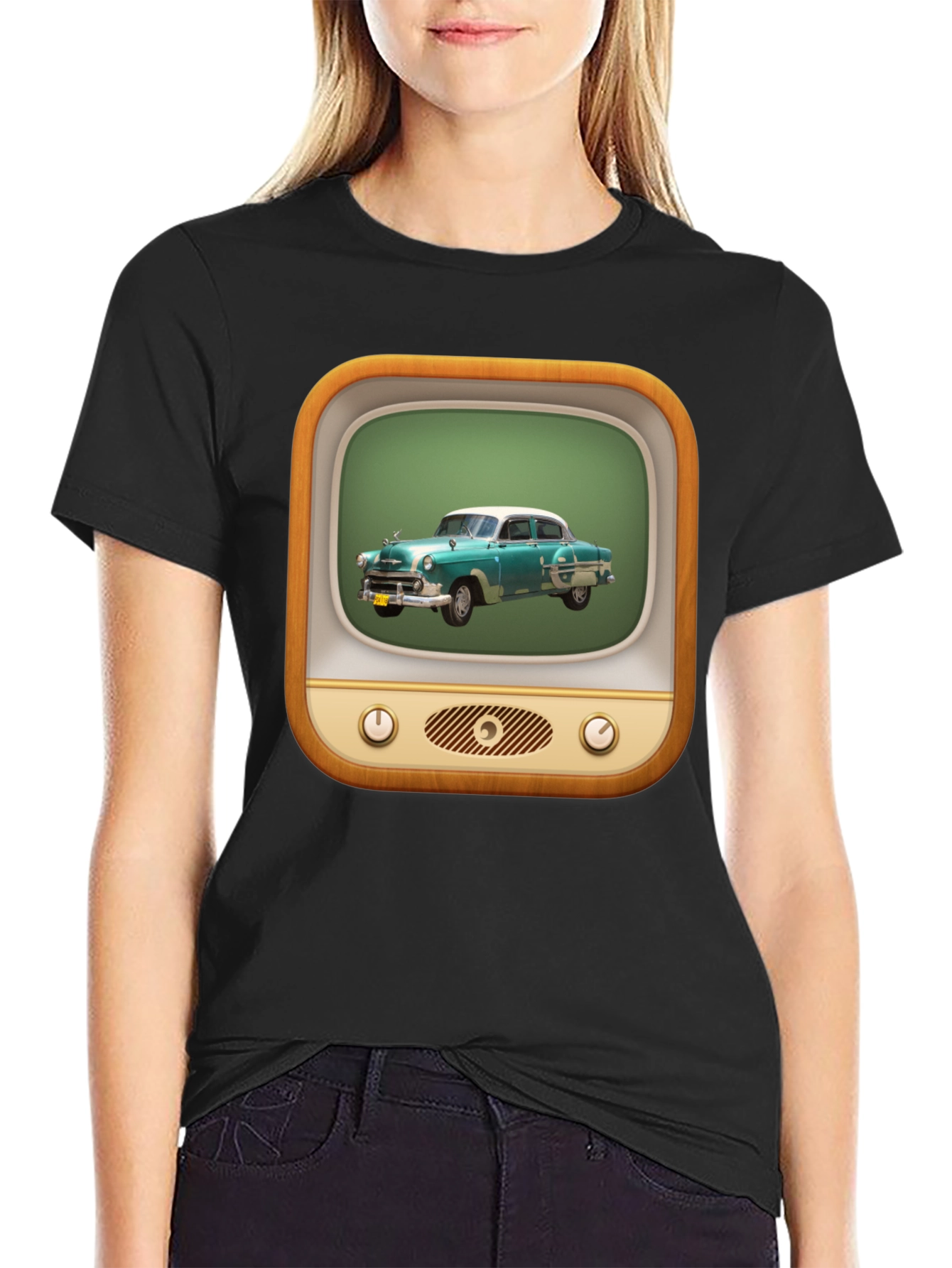Black Retro Car TV Graphic Black T-Shirt view 2