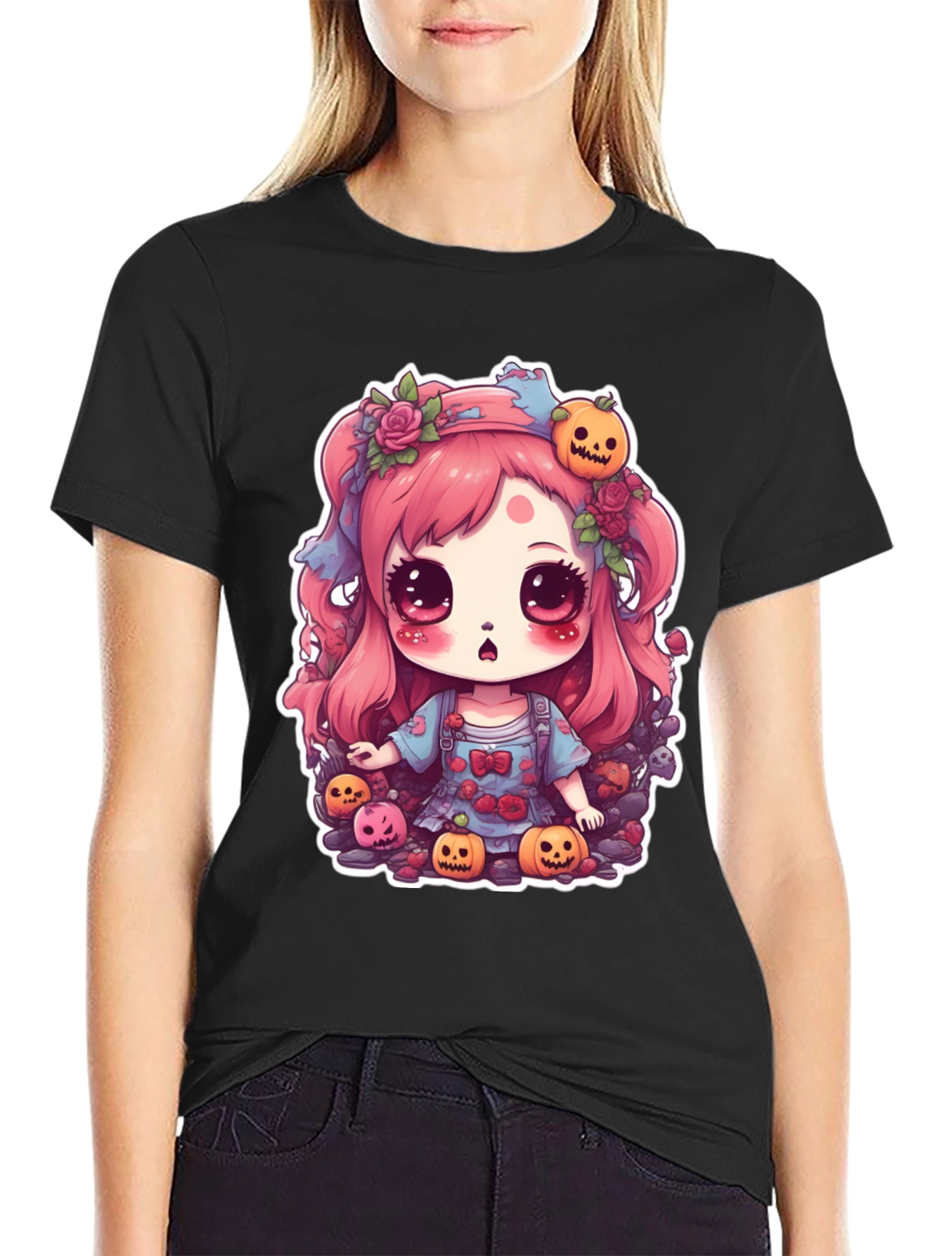Black Kawaii Halloween Girl Black T-Shirt view 2