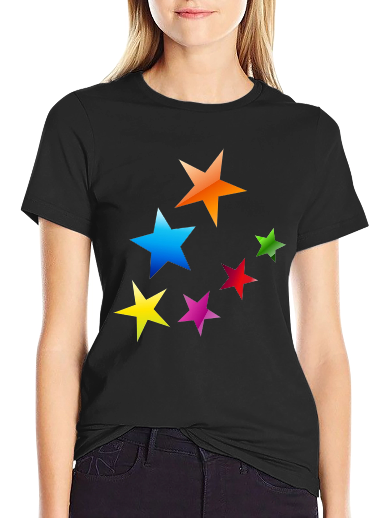 Black Colorful Stars Graphic T-Shirt - Casual Tee view 2