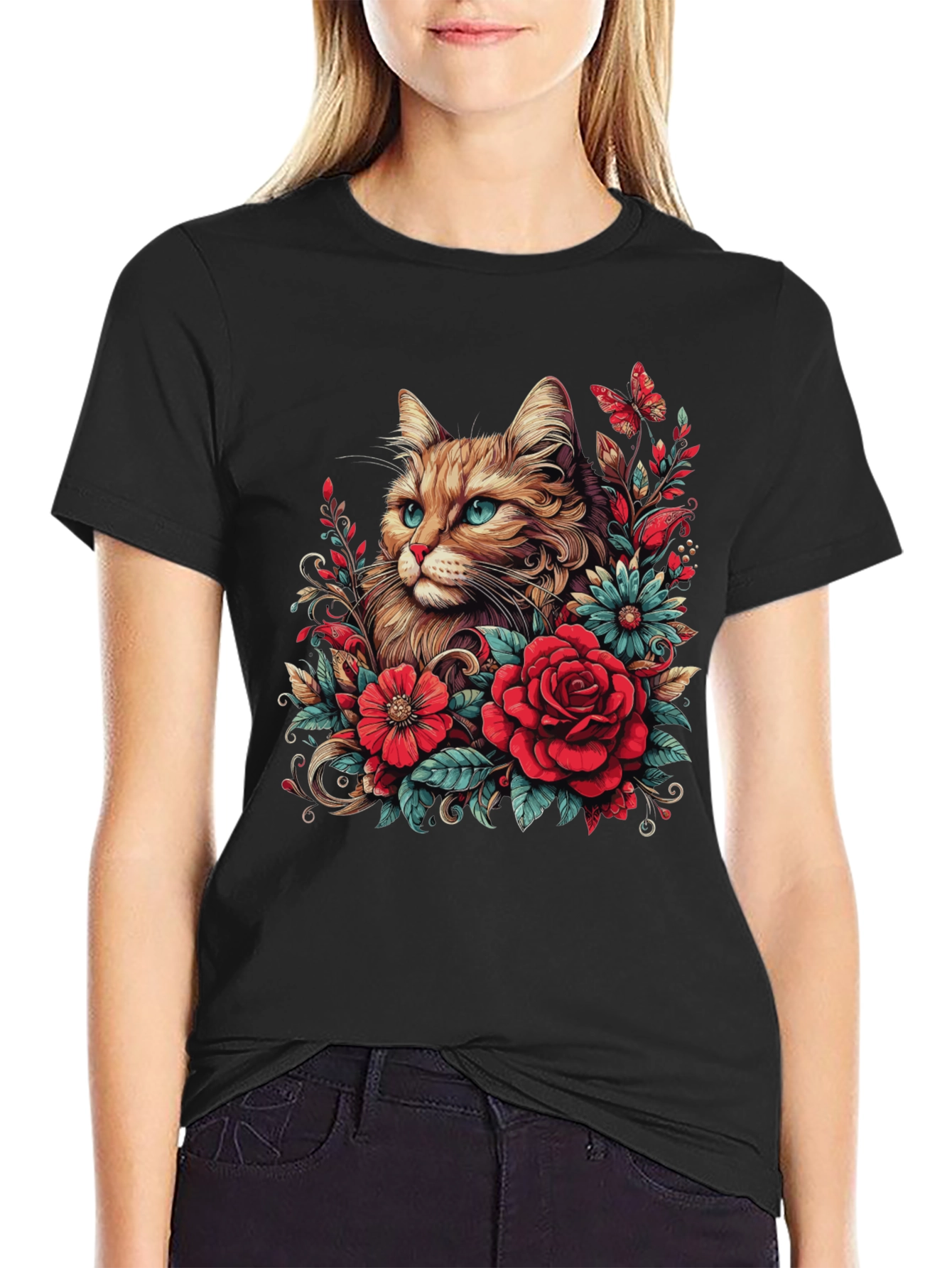 Black Cat & Floral Graphic Tee - Men's Black T-Shirt view 2
