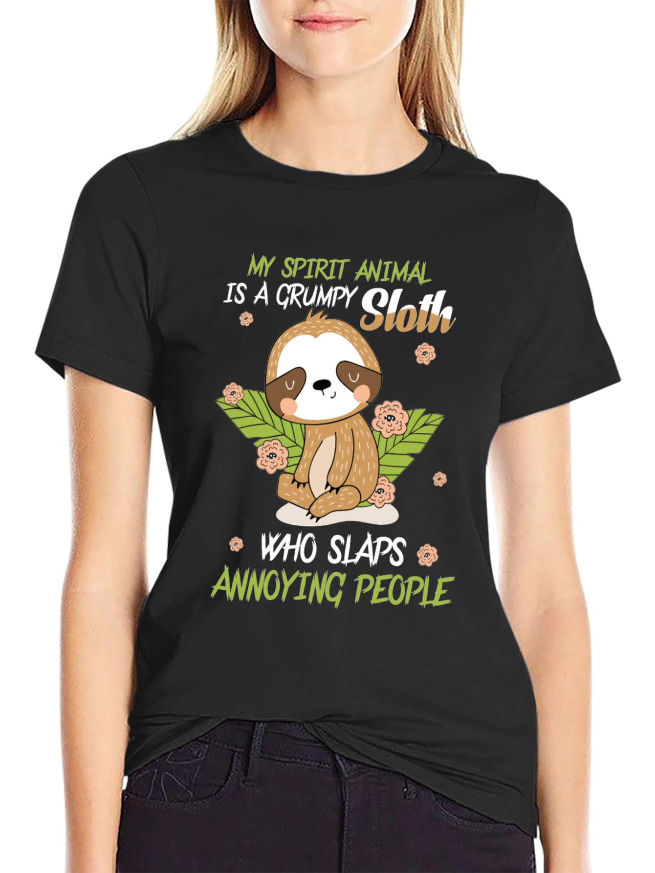 Black Grumpy Sloth Spirit Animal Black T-Shirt view 2