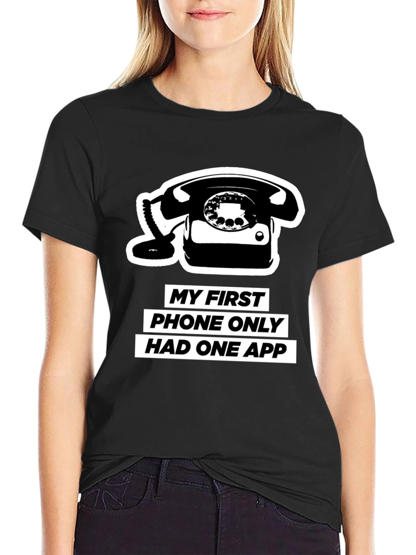 Black Retro Phone T-Shirt - One App Only! view 2