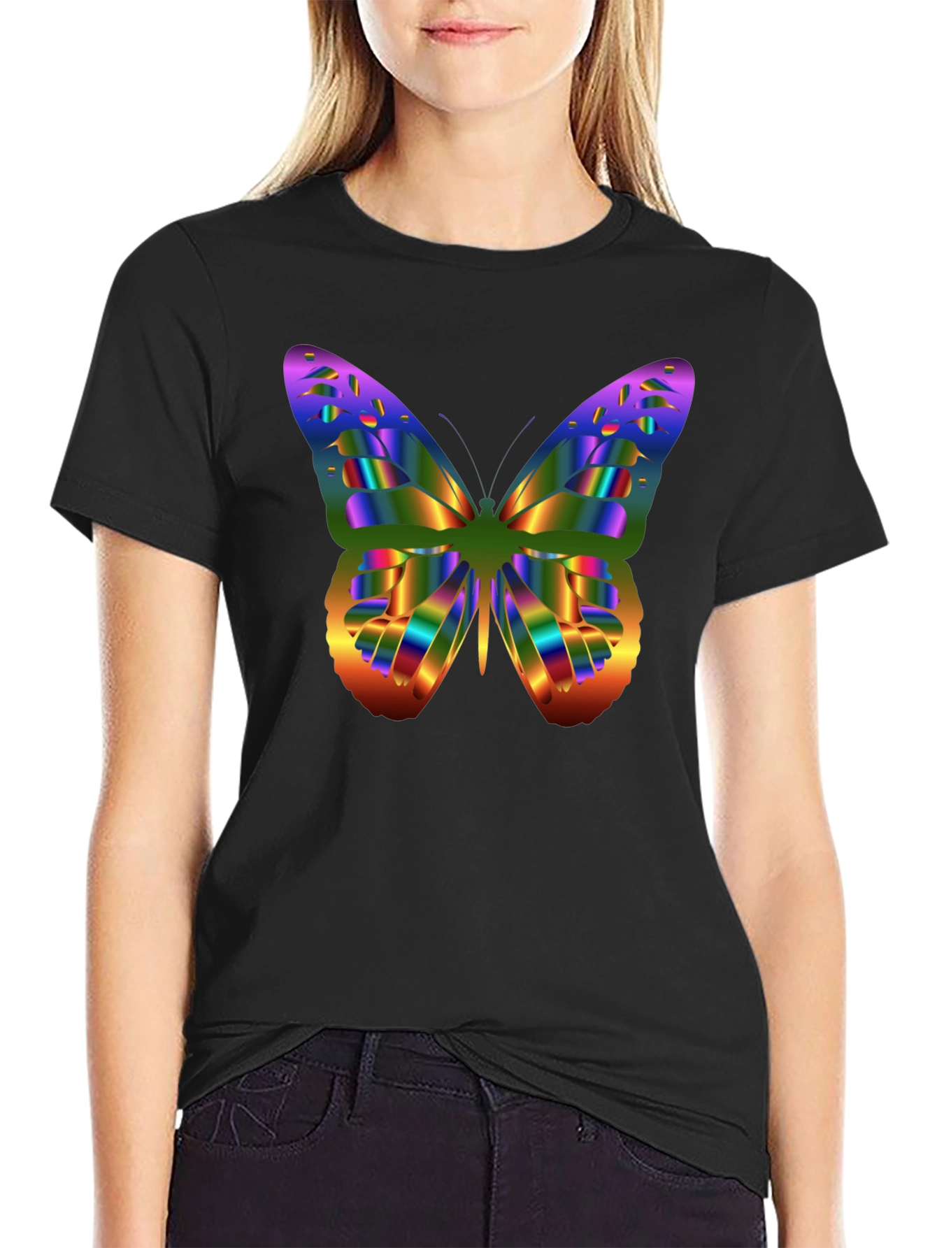 Black Colorful Butterfly Graphic Tee - Men's Black T-Shirt view 2