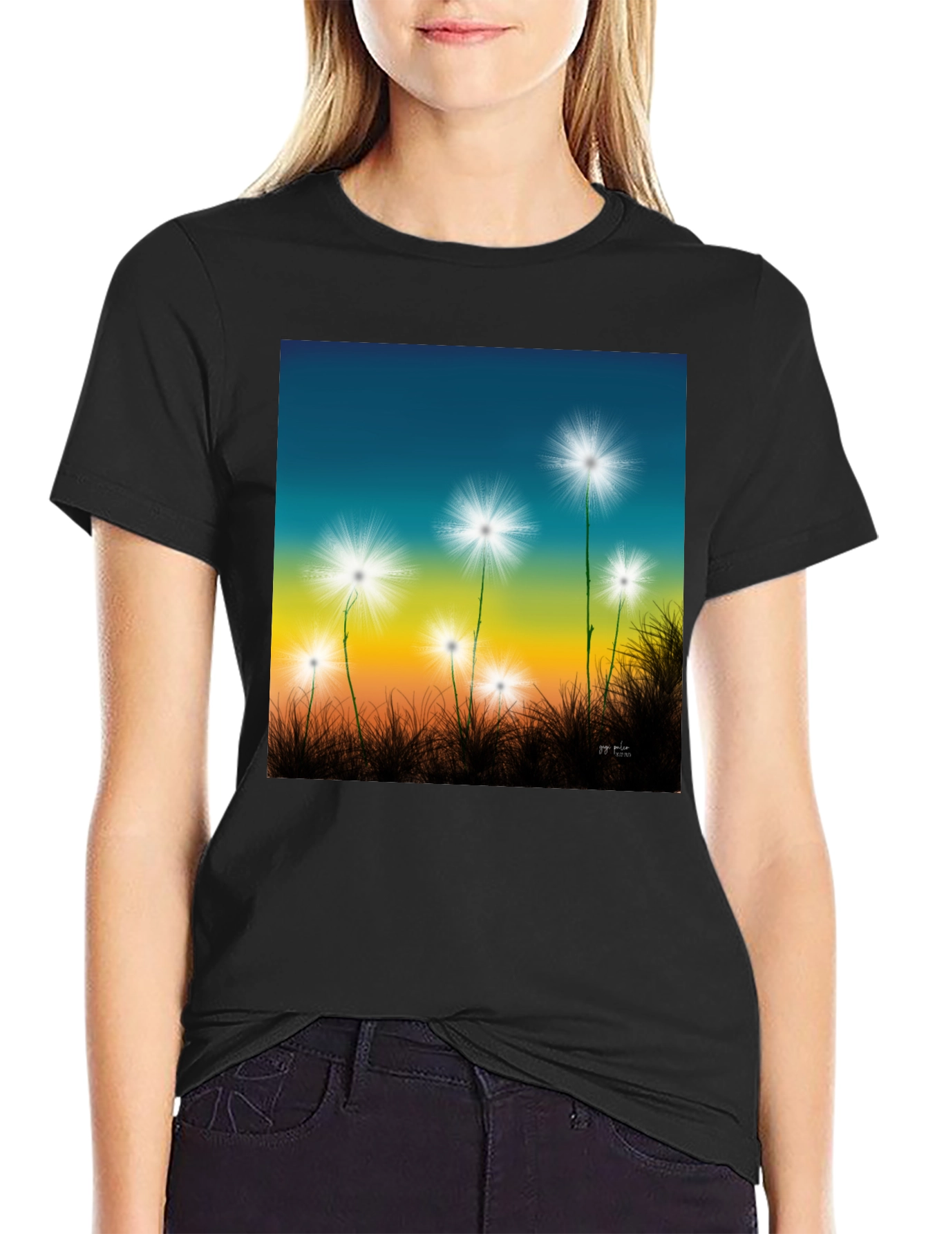 Black Dandelion Sky T-Shirt - Black Cotton Graphic Tee view 2