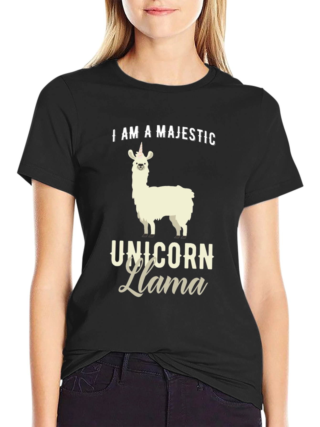 Black Majestic Unicorn Llama Graphic T-Shirt view 2