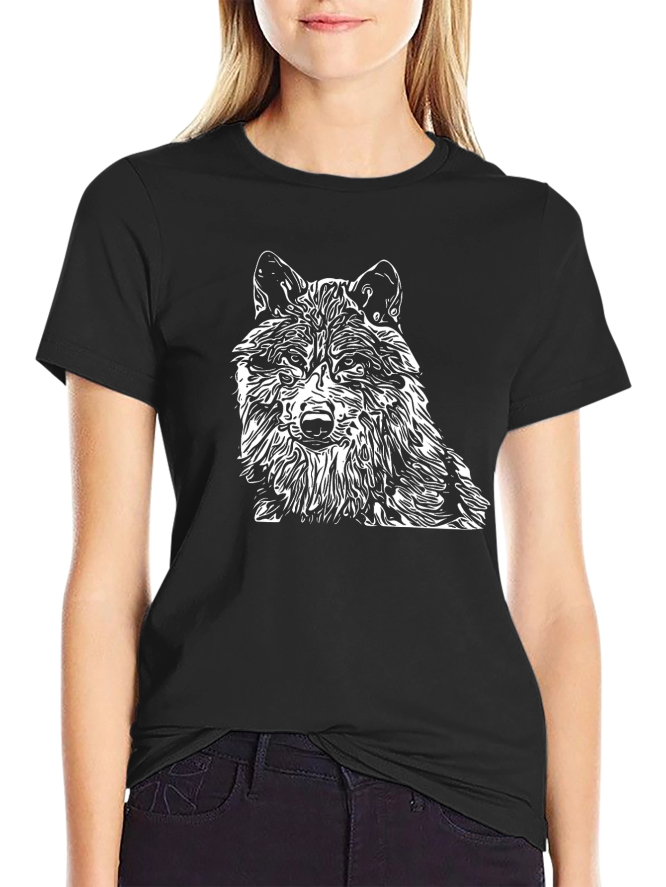 Black Wolf Graphic Print Crew Neck Men's T-Shirt view 2