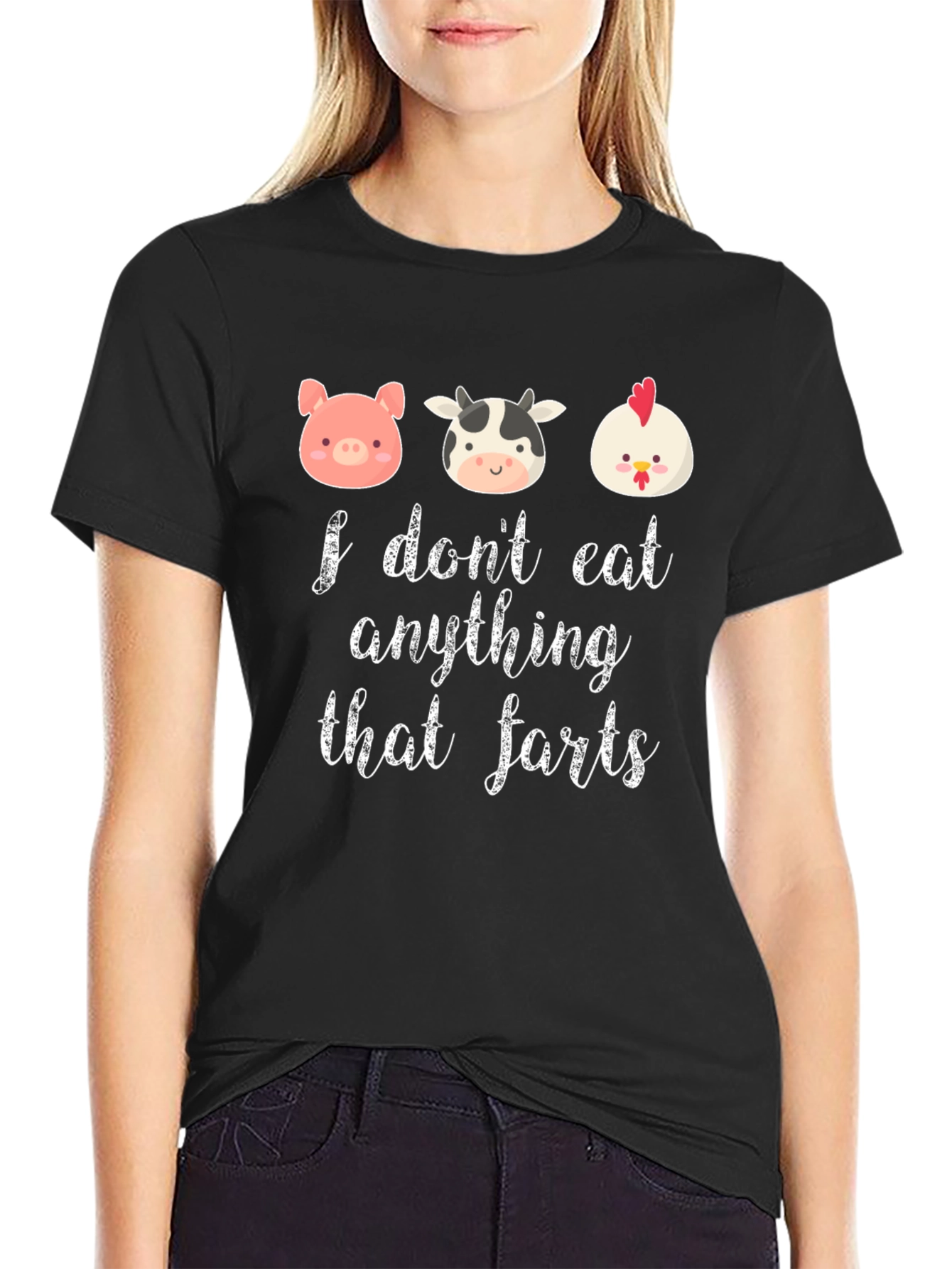 Black Funny Vegan T-Shirt: I Don't Eat Anything That Farts view 2