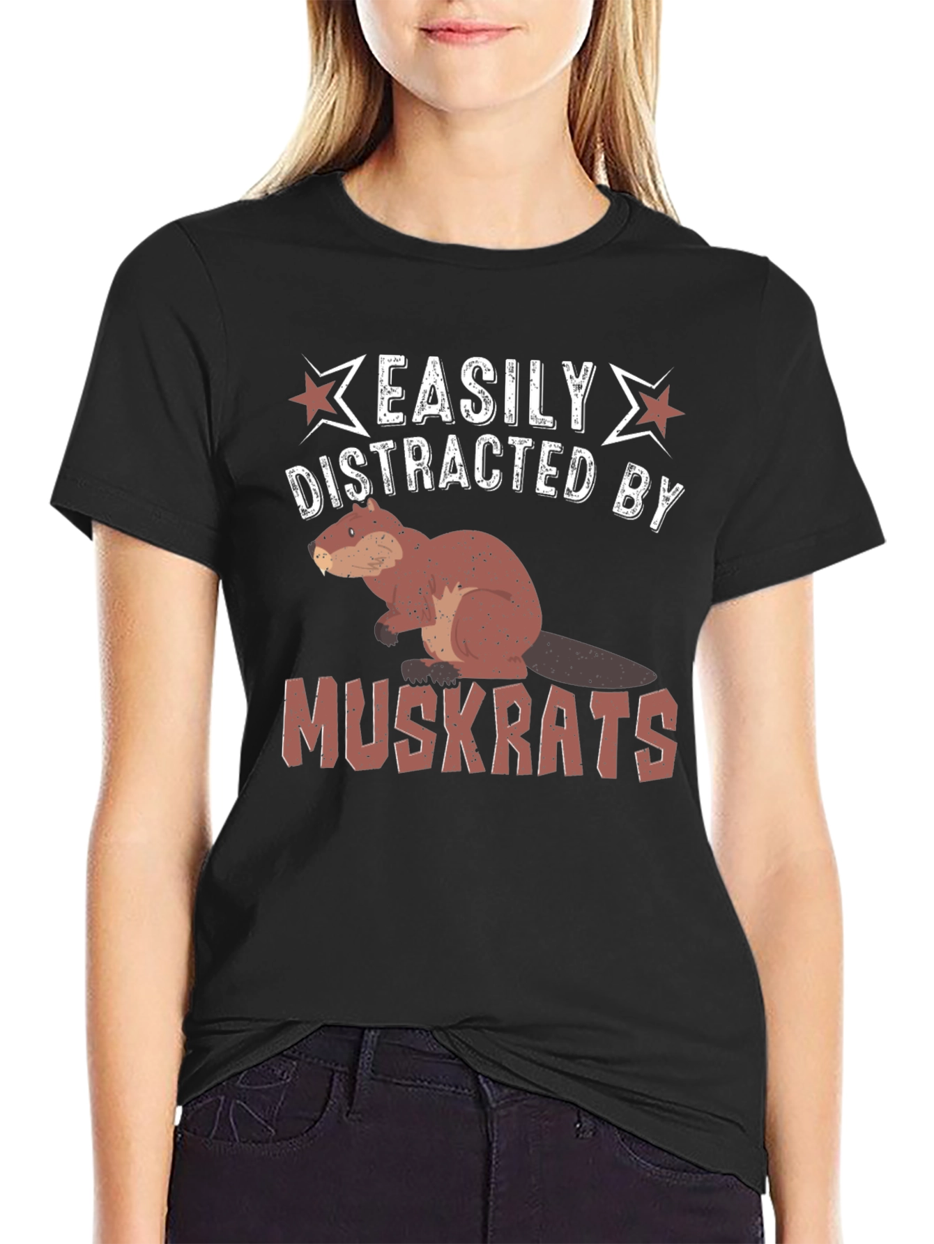 Black Easily Distracted by Muskrats Funny T-Shirt view 2