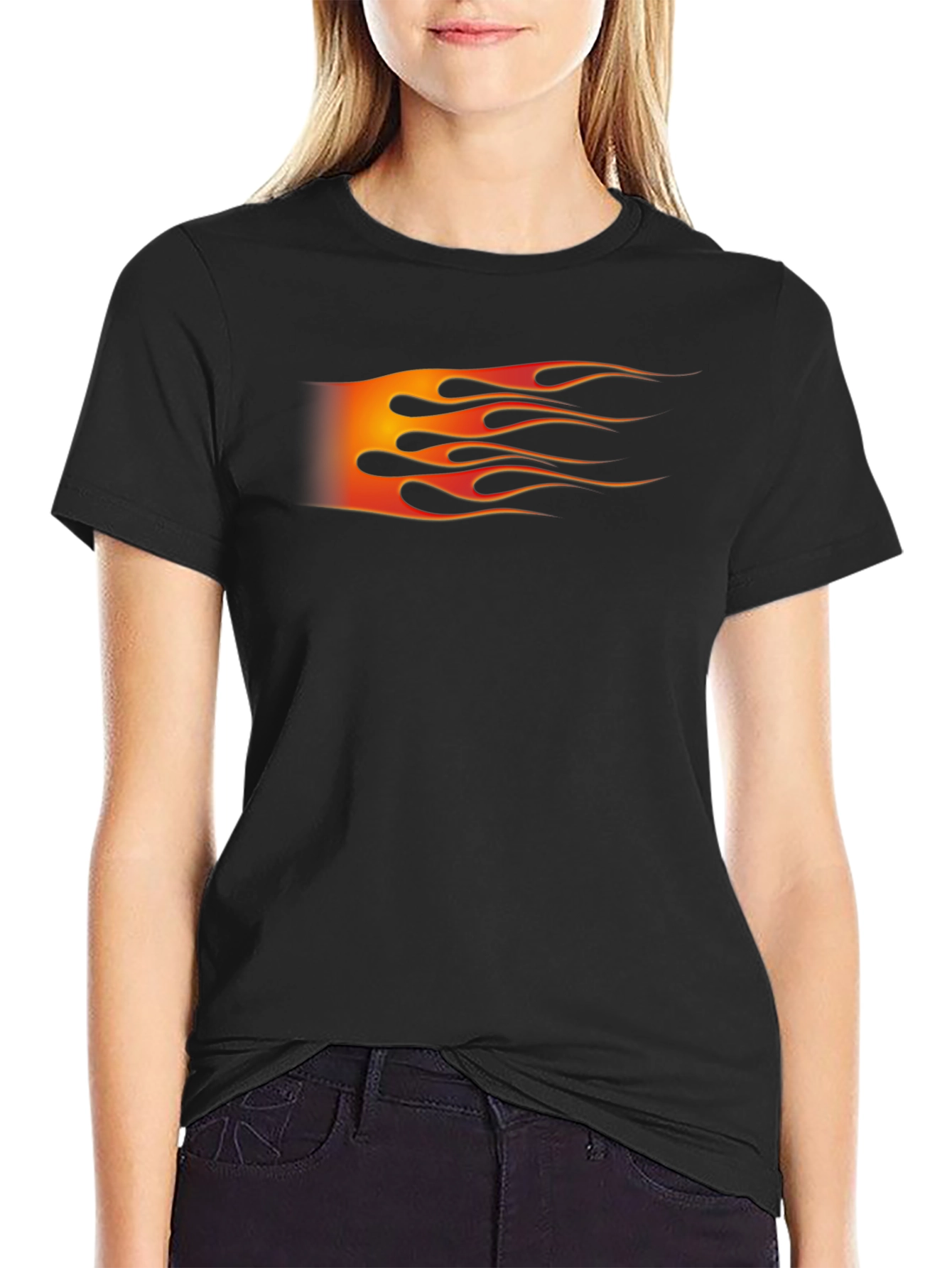 Black Men's Black T-Shirt with Flame Graphic view 2
