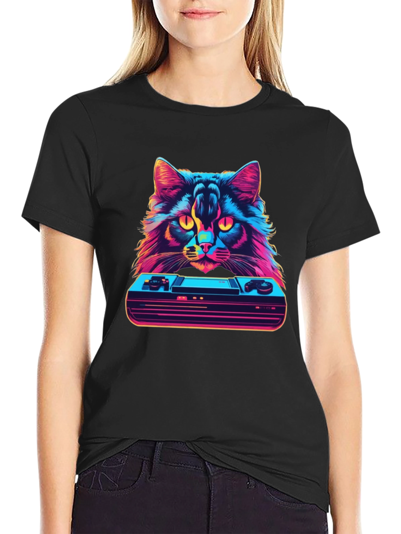 Black Retro Cat Gamer T-Shirt - Vintage Console Design view 2
