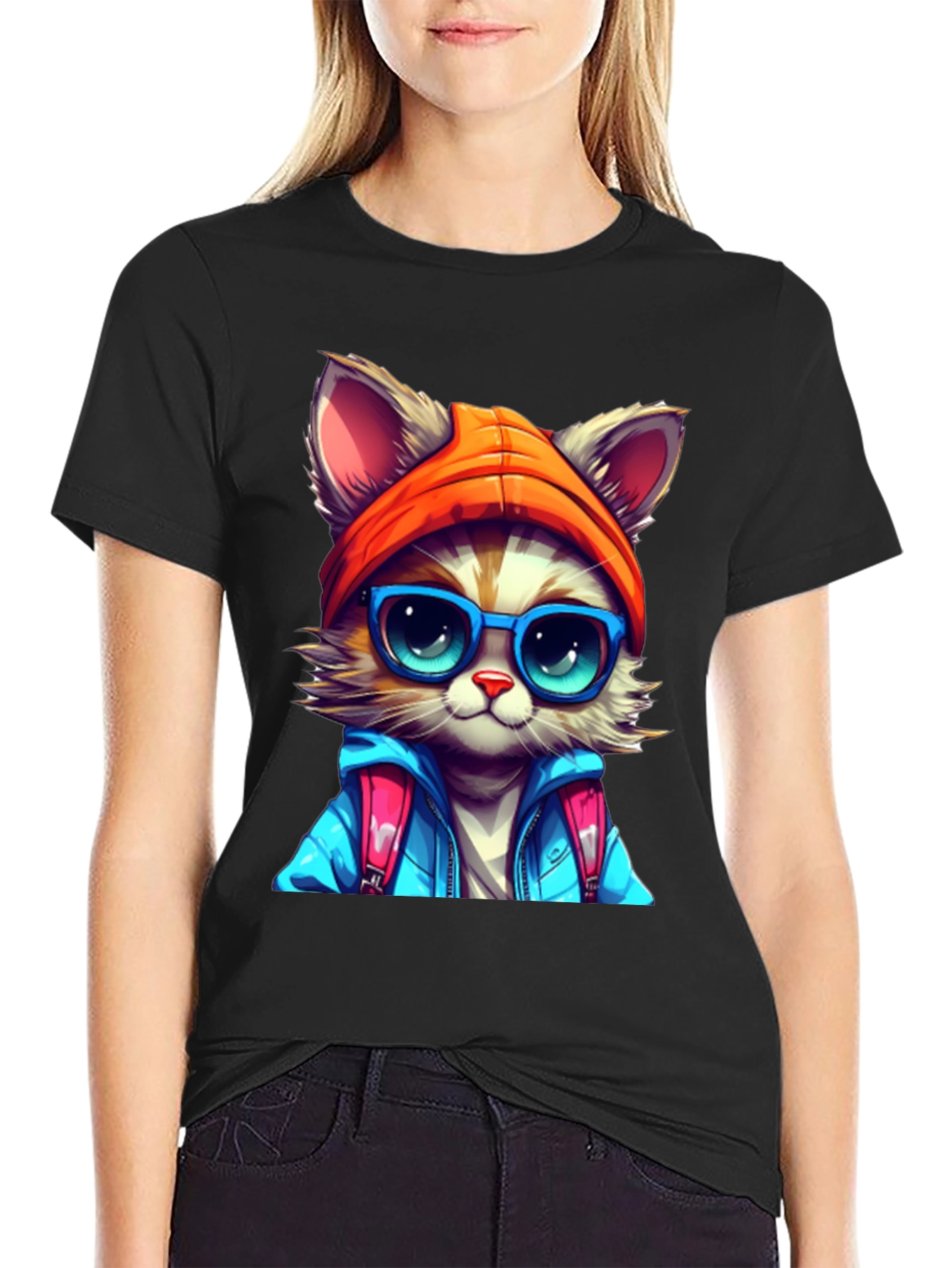 Black Cat with Glasses Graphic Tee view 2