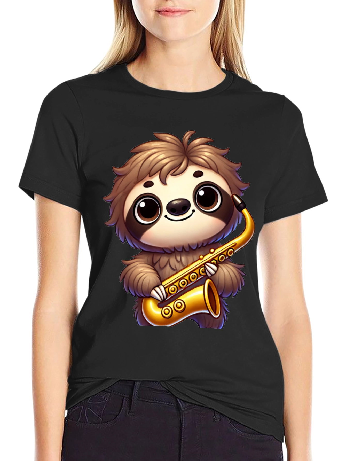 Black Sloth Saxophone T-Shirt - Cartoon Musician Tee view 2