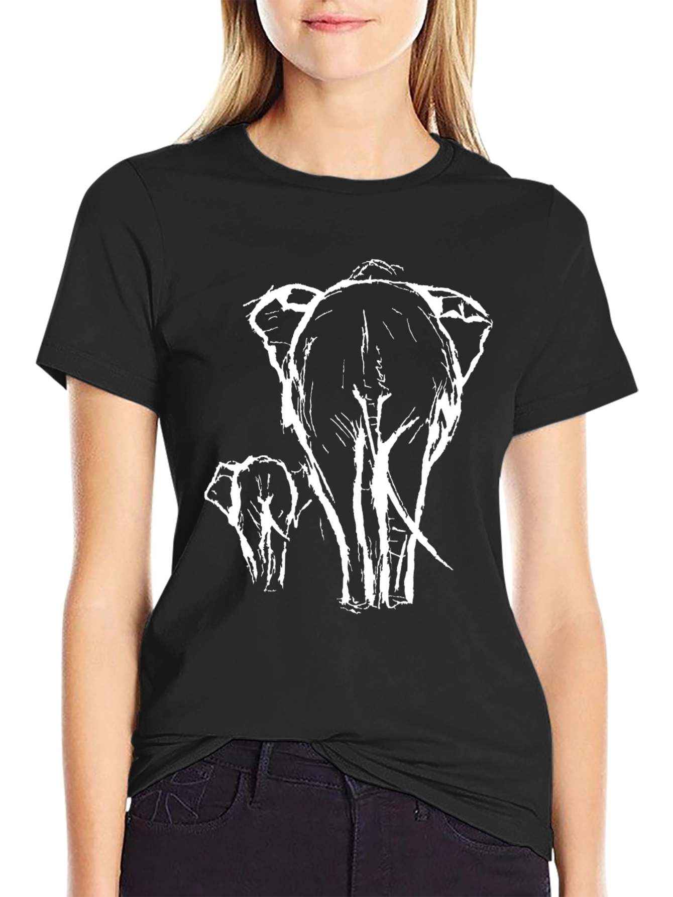 Black Elephant Sketch Graphic Tee - Black Cotton Casual T-Shirt view 2