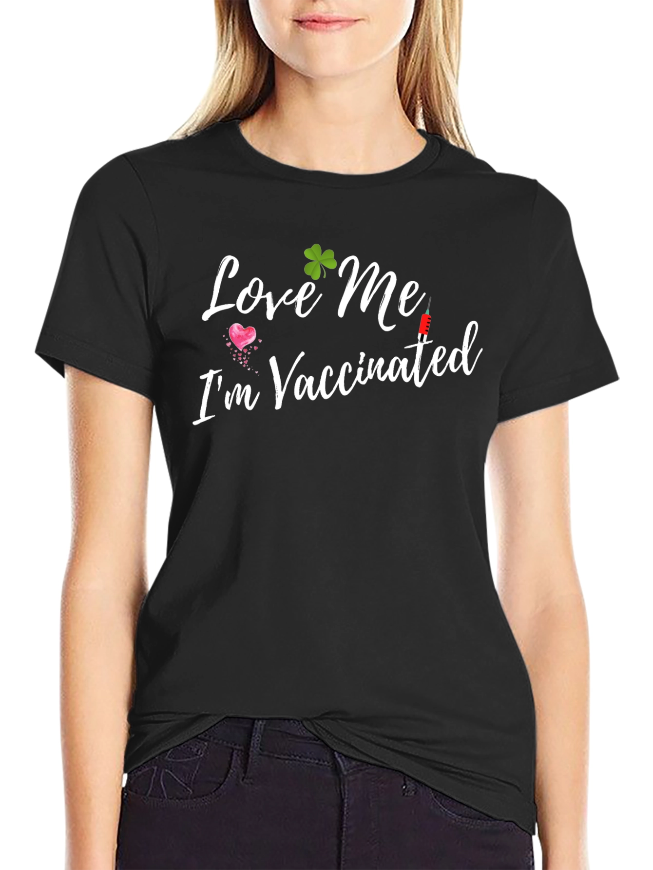 Black Love Me I'm Vaccinated Black Tee Shirt view 2