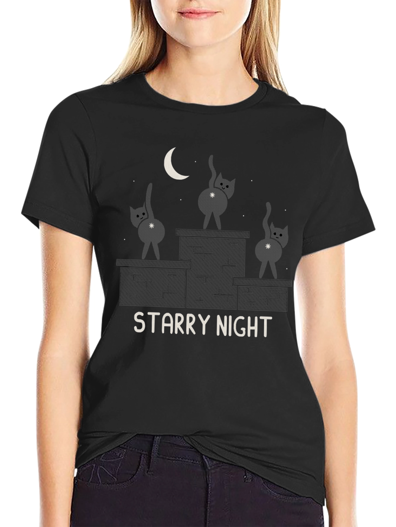 Black Starry Night Cat T-Shirt - Funny Graphic Tee view 2