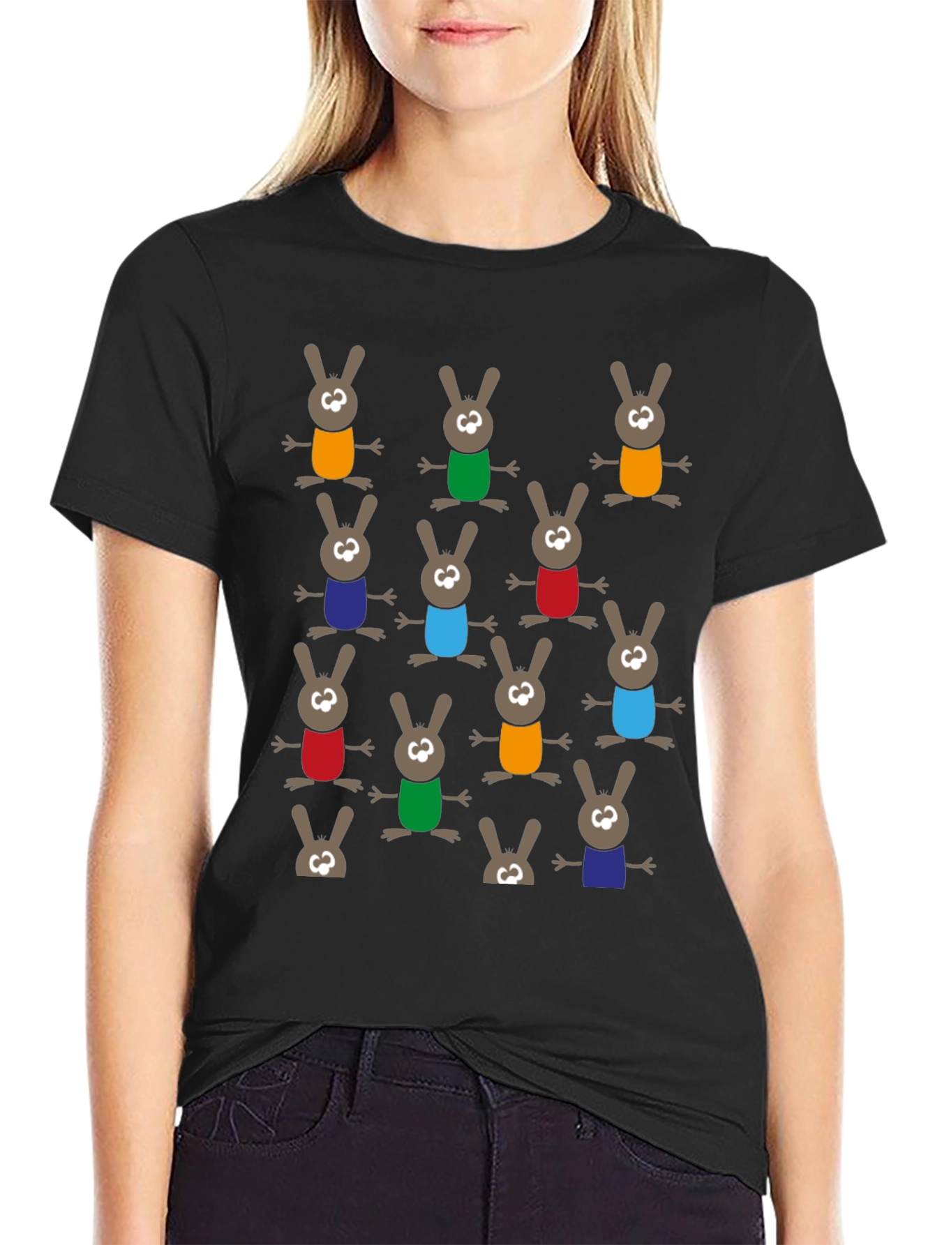 Black Fun Cartoon Bunny Pattern T-Shirt view 2